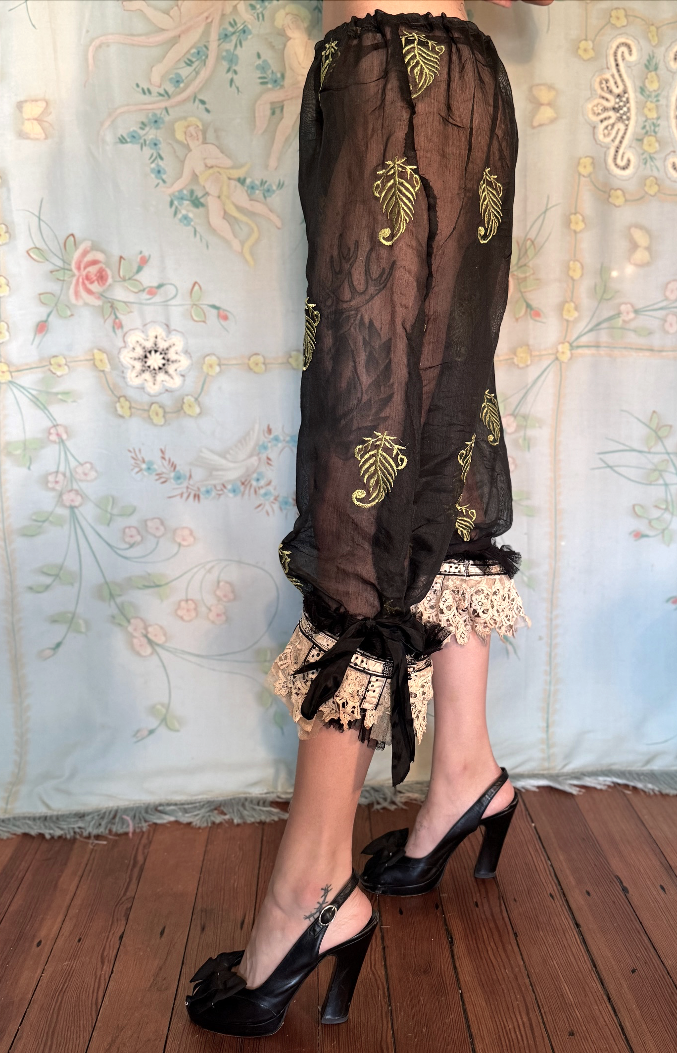 Sold Organdy with Fern in Black Victorian ruffled Lace Bloomers
