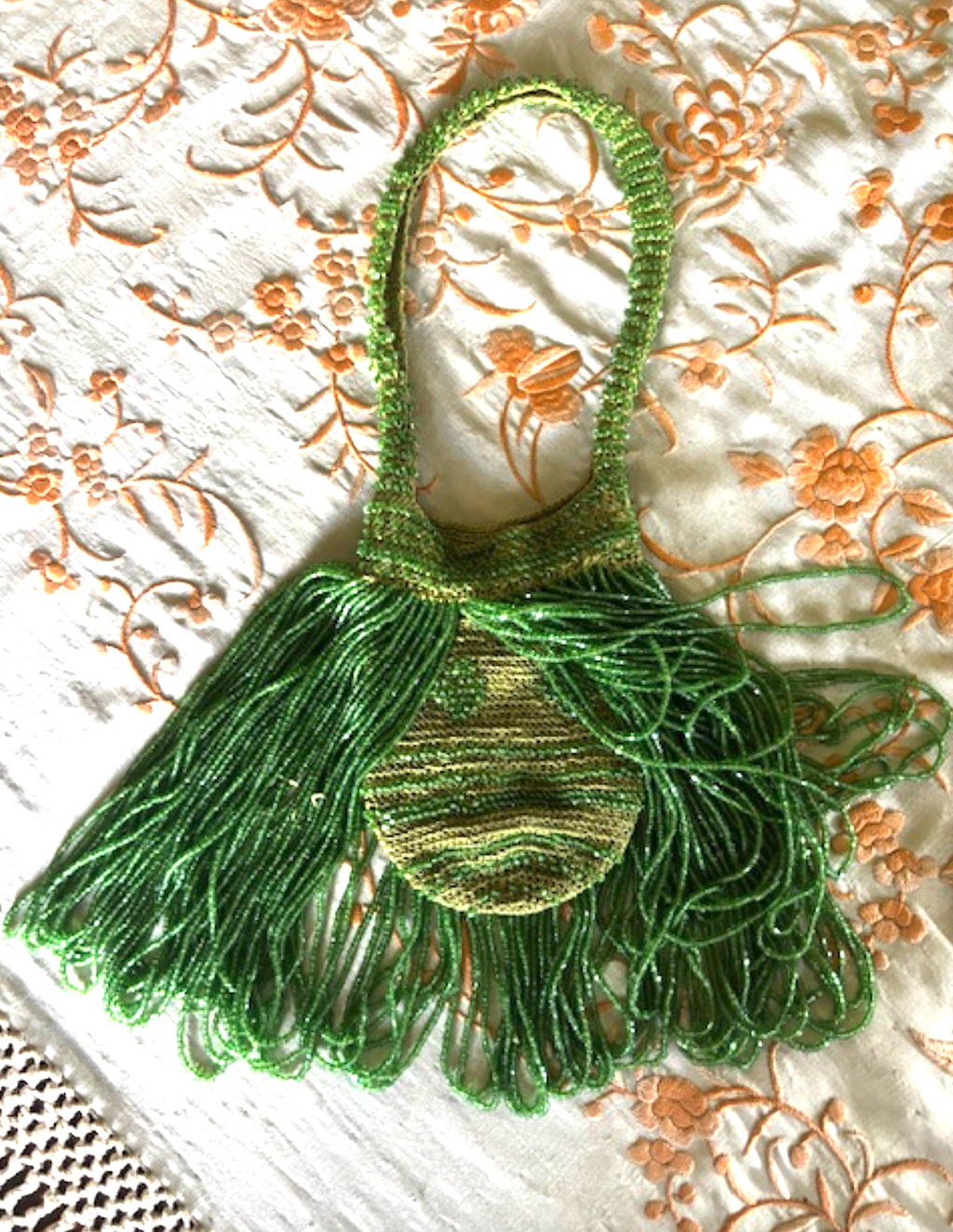 Authentic Acid Green 1920's Beaded Fringe Dance wristlet purse Divine Decadence