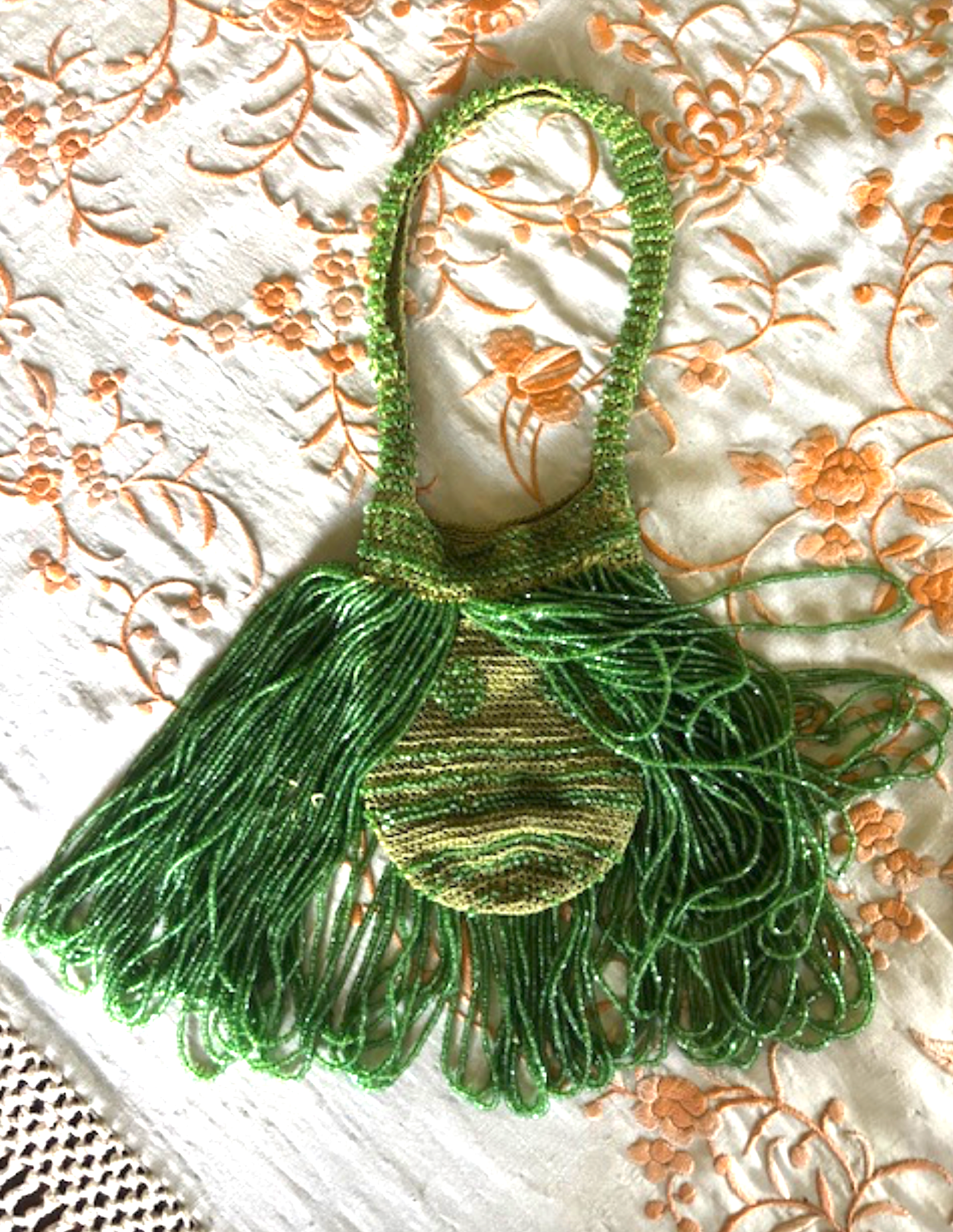 Authentic Acid Green 1920's Beaded Fringe Dance wristlet purse Divine Decadence