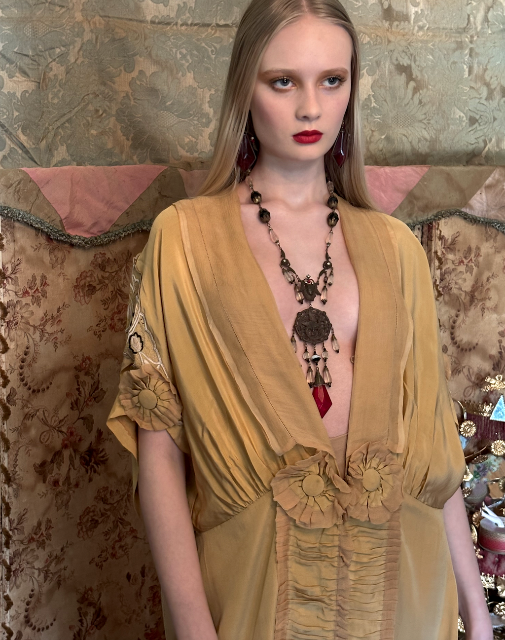 SOLD Stunning 20's Egyptian Revival Repousse Dragon RED Czech dangle frosted crystal bead Necklace King Tut Face