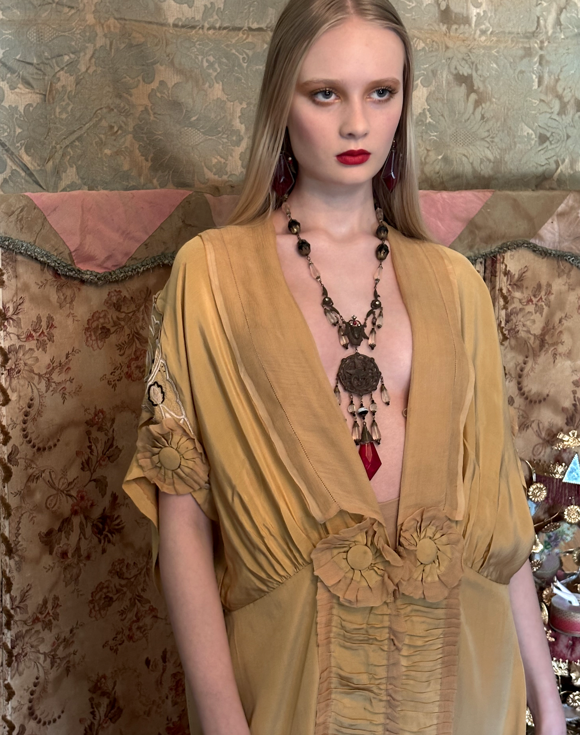 SOLD Stunning 20's Egyptian Revival Repousse Dragon RED Czech dangle frosted crystal bead Necklace King Tut Face