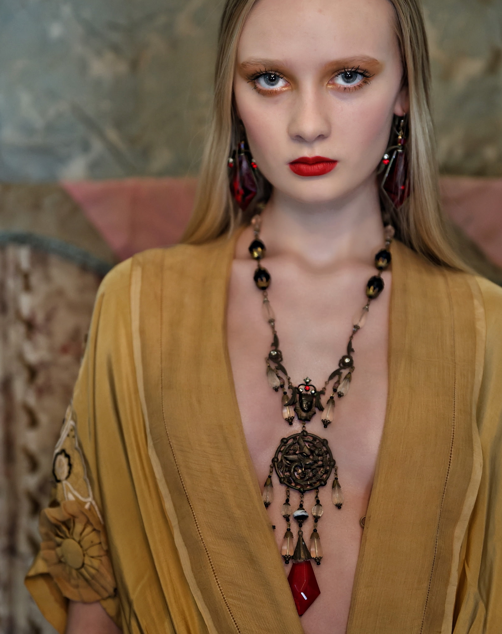 SOLD Stunning 20's Egyptian Revival Repousse Dragon RED Czech dangle frosted crystal bead Necklace King Tut Face