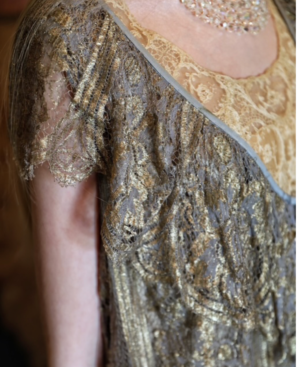 Authentic Late Edwardian 1920's Metallic lace ruffled Drop waist Gown Nice size