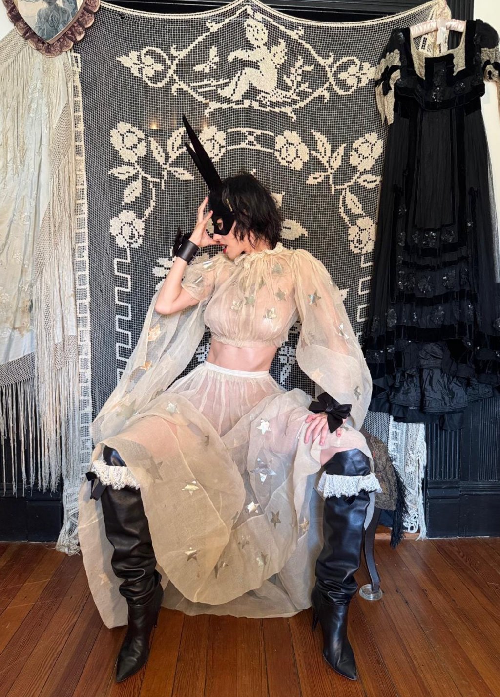 RESERVED 1930's Organdy Star 2 Piece costume large sleeves with splits! Unusual as found