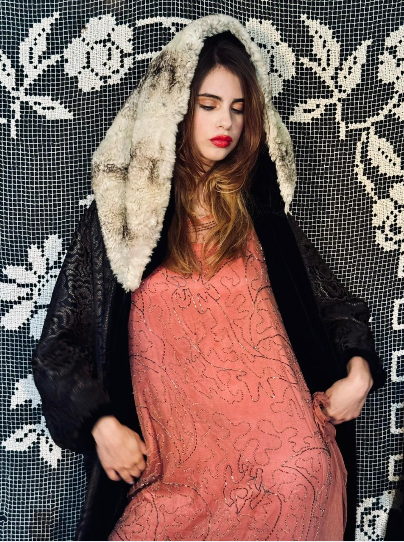 1920's Chinchilla Full Hood & Metallic black and Gold -Lame Flapper Evening Coat