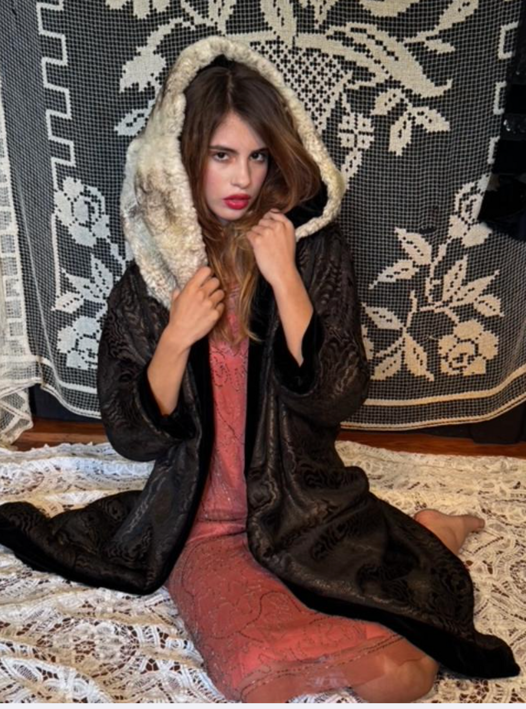 1920's Chinchilla Full Hood & Metallic black and Gold -Lame Flapper Evening Coat