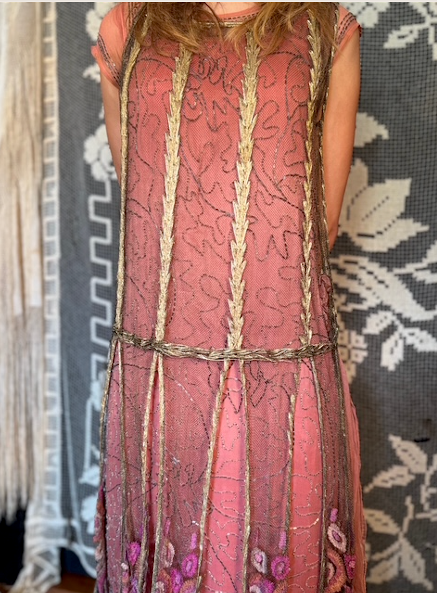 1920's Rare Gatsby Metallic Gold Lace Tunic with Embroidered Flowers and Petal like Bottom