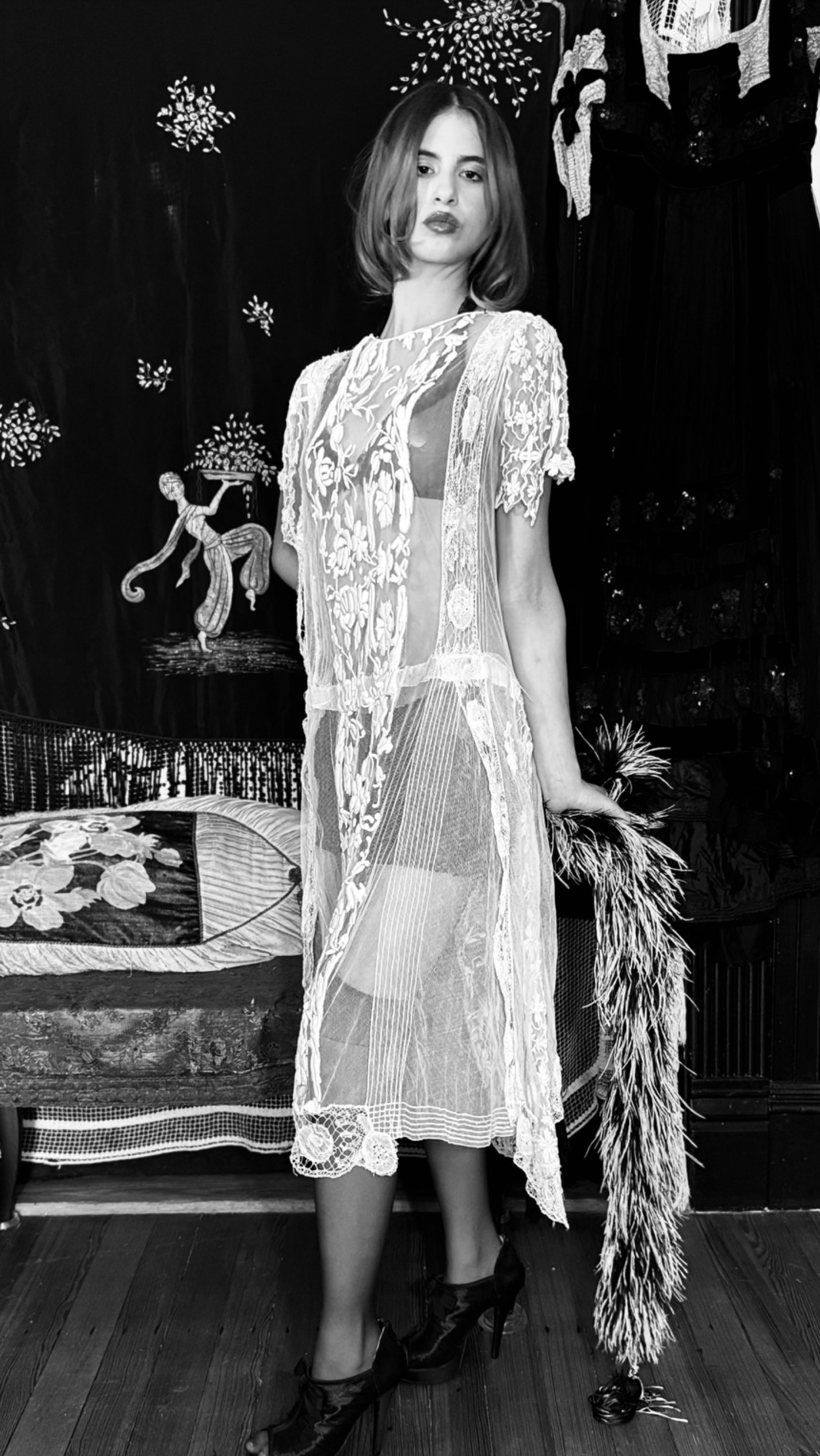 1920's White Filet Satin Stitch Lace Dresswith longer lace one each side