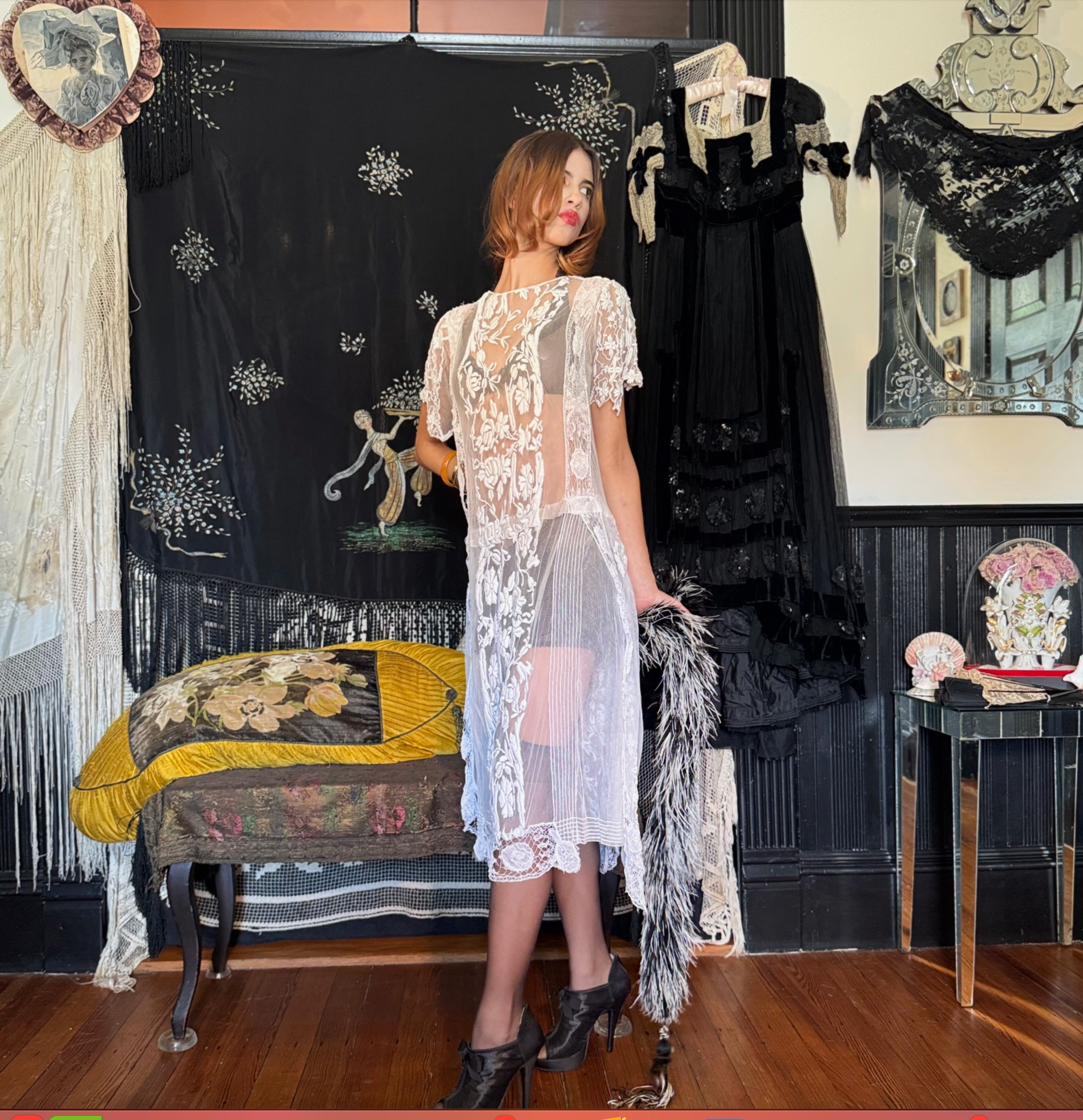 1920's White Filet Satin Stitch Lace Dresswith longer lace one each side