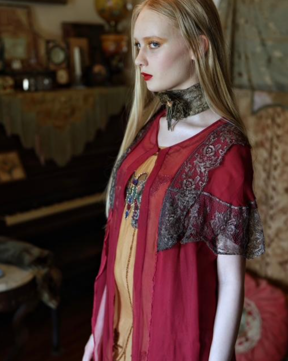 Rare Scarlet Chiffon and Metallic Silver Lace peignoir as is