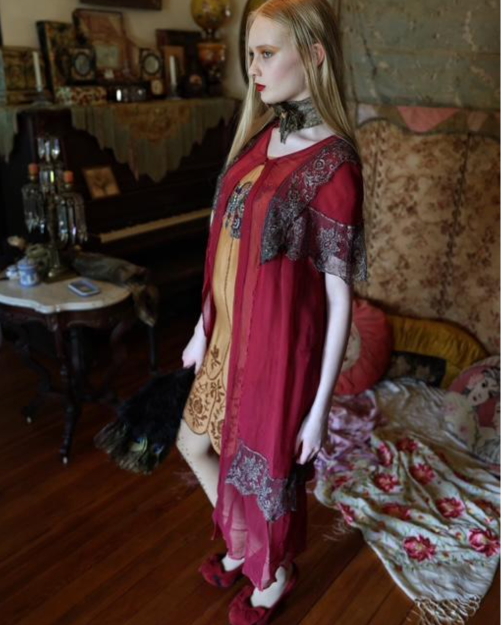 Rare Scarlet Chiffon and Metallic Silver Lace peignoir as is