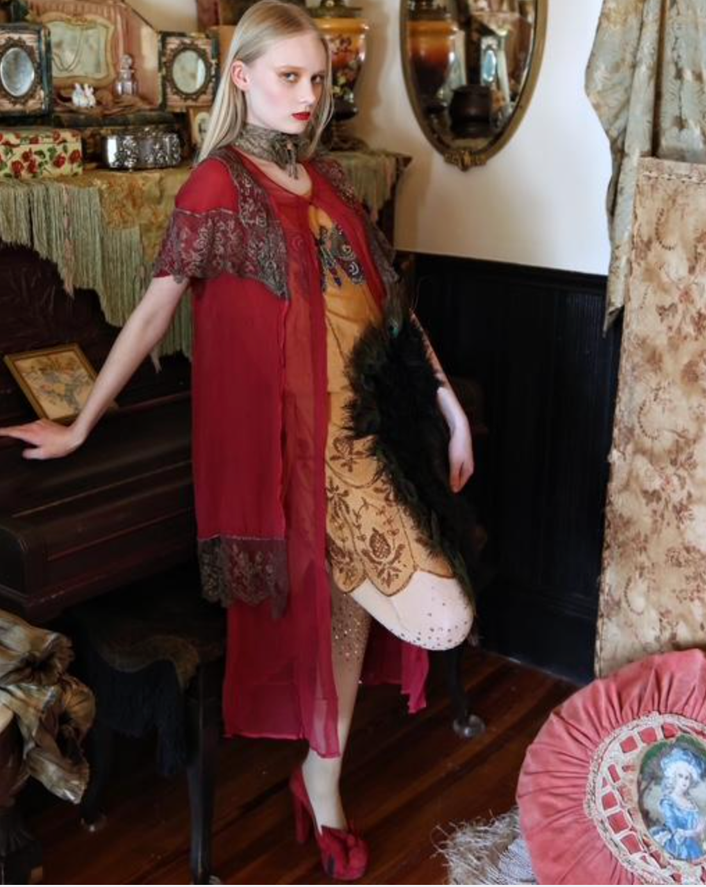 Rare Scarlet Chiffon and Metallic Silver Lace peignoir as is
