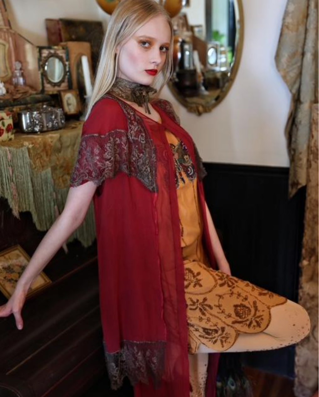Rare Scarlet Chiffon and Metallic Silver Lace peignoir as is