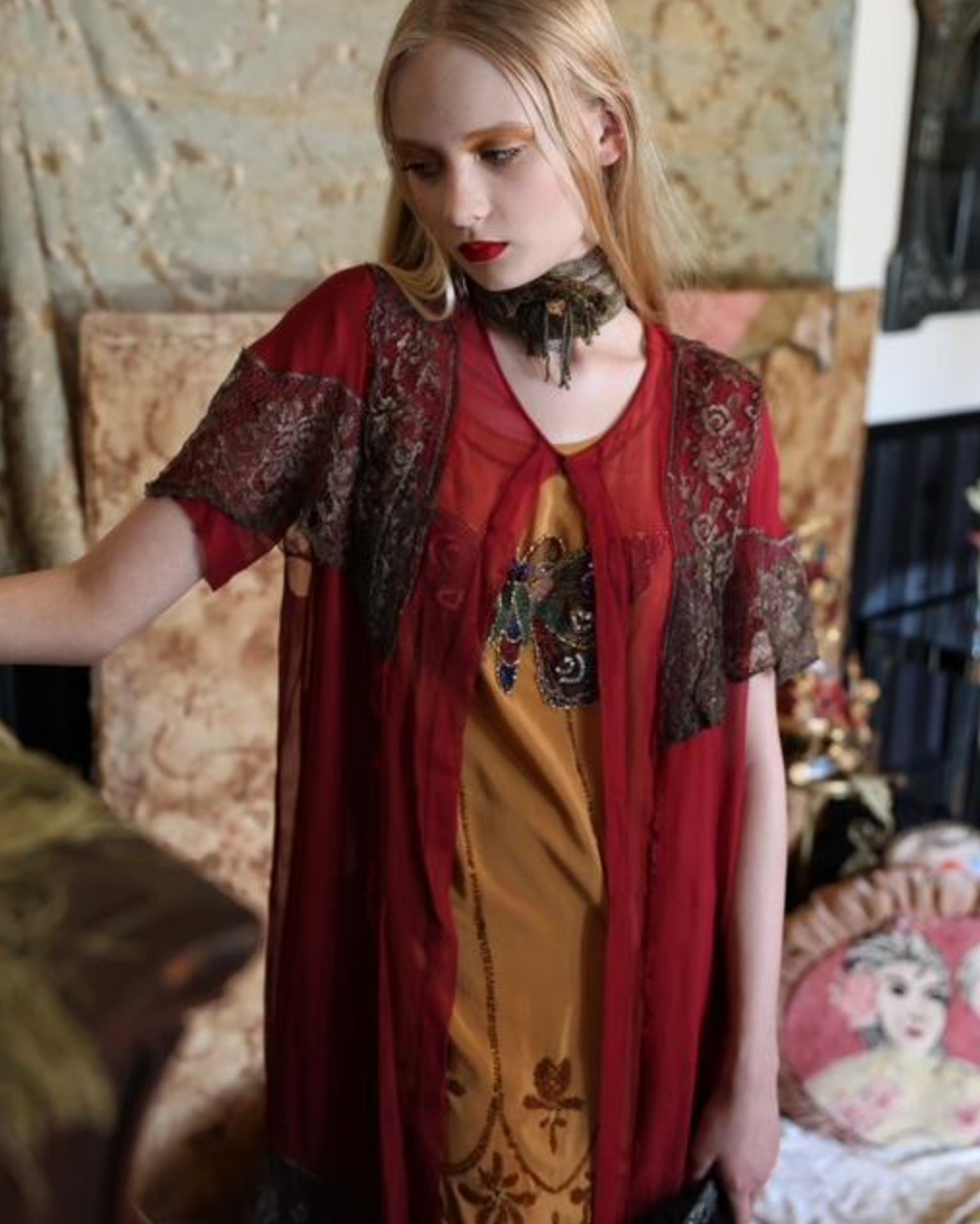 Rare Scarlet Chiffon and Metallic Silver Lace peignoir as is