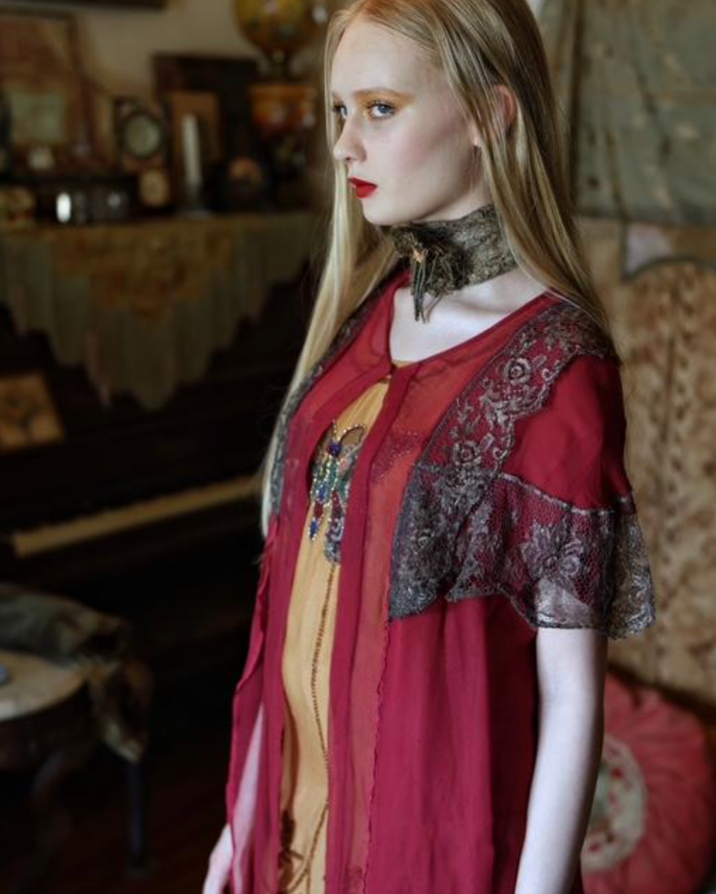 Rare Scarlet Chiffon and Metallic Silver Lace peignoir as is