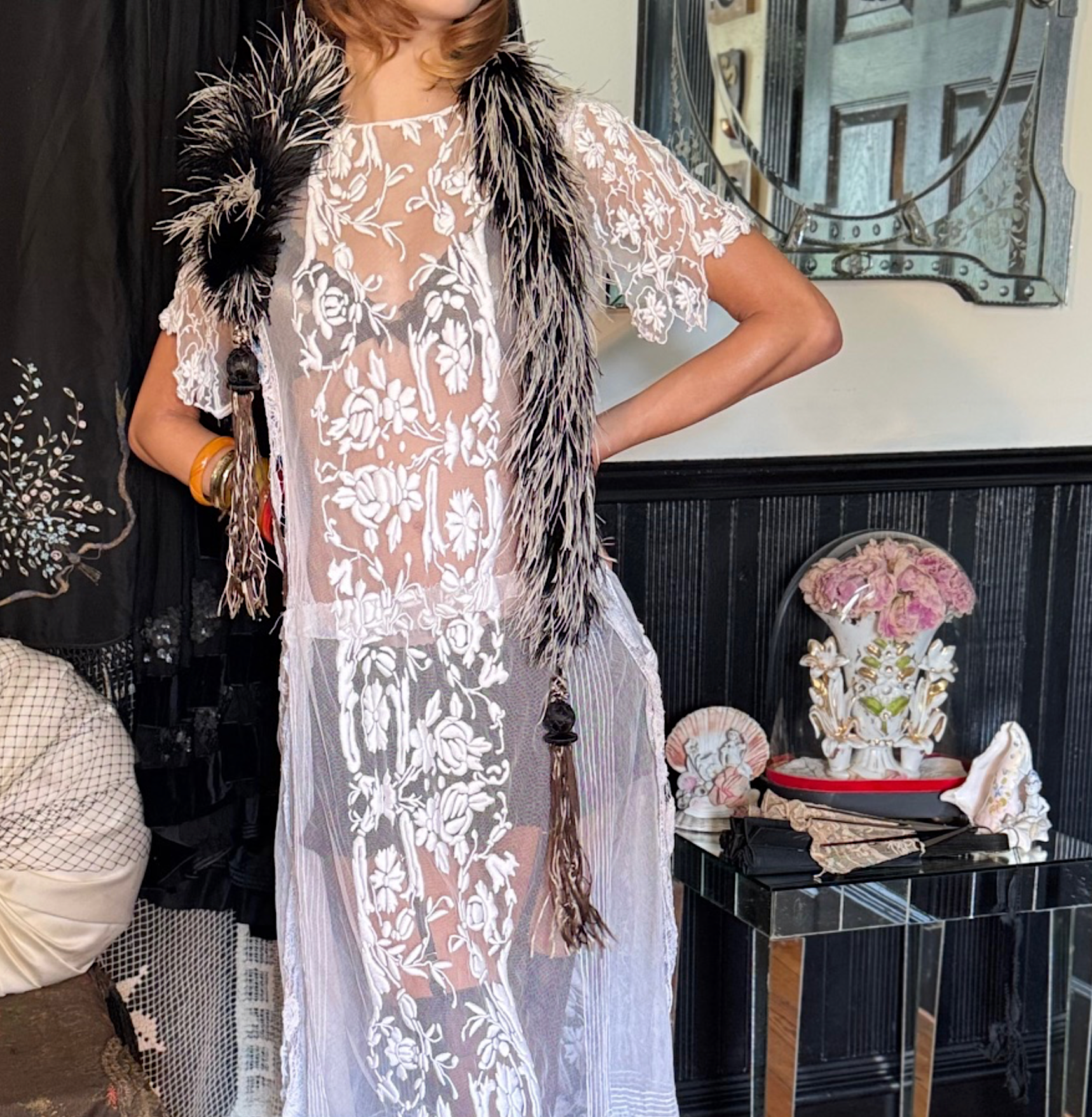 Extra Long Black and White Ostrich Boa Edwardian with beautiful Ornate tassels