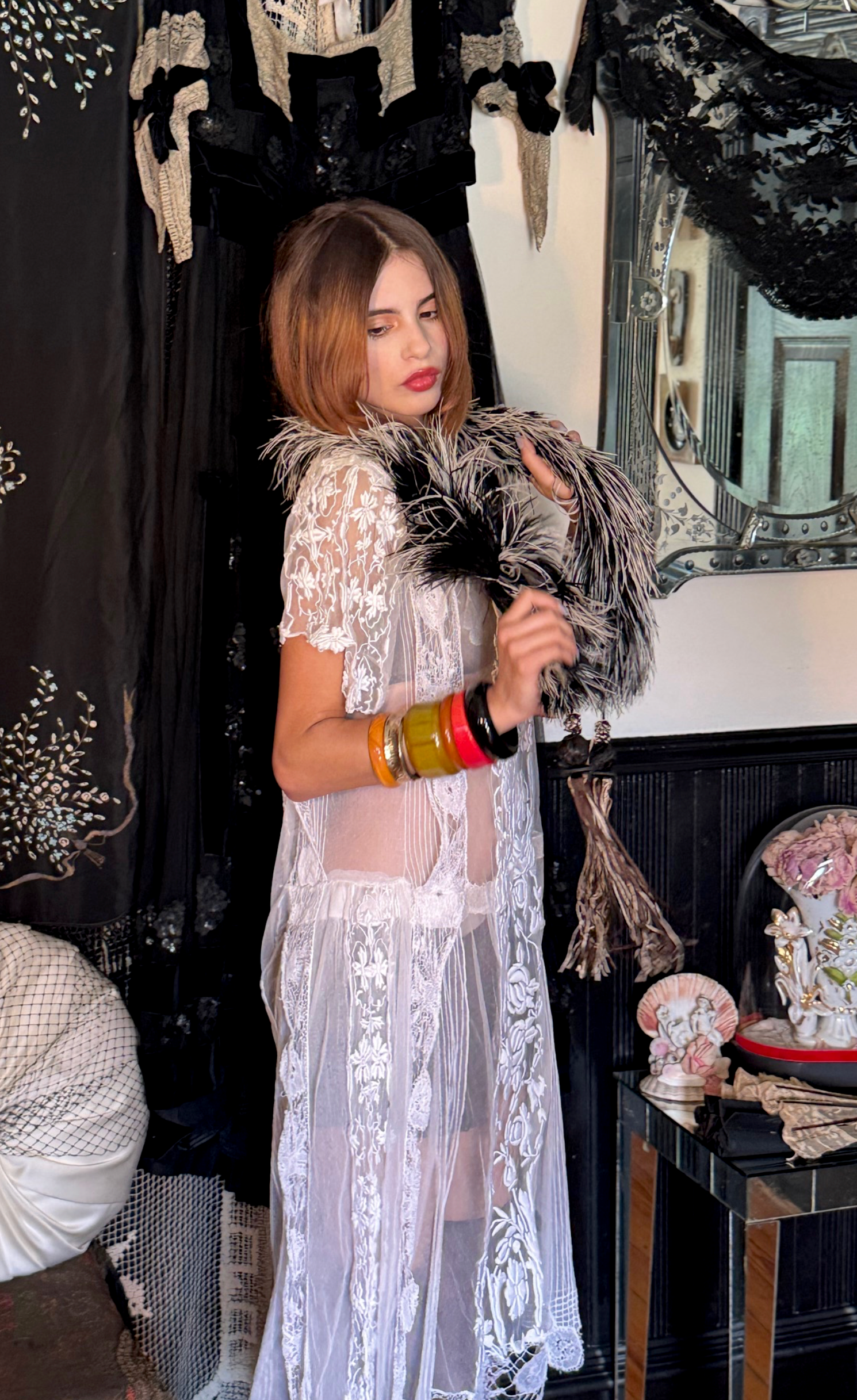 Extra Long Black and White Ostrich Boa Edwardian with beautiful Ornate tassels