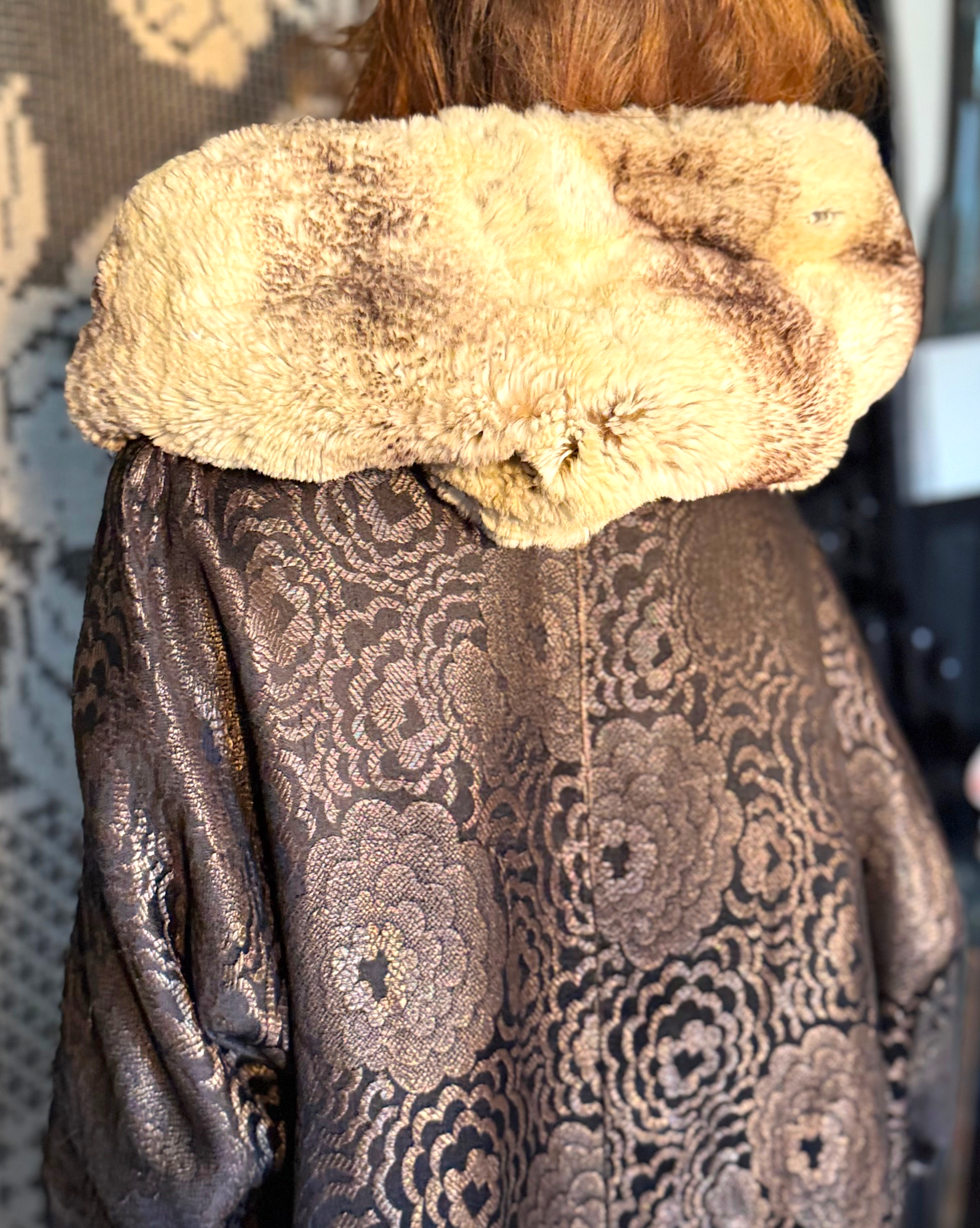1920's Chinchilla Full Hood & Metallic black and Gold -Lame Flapper Evening Coat