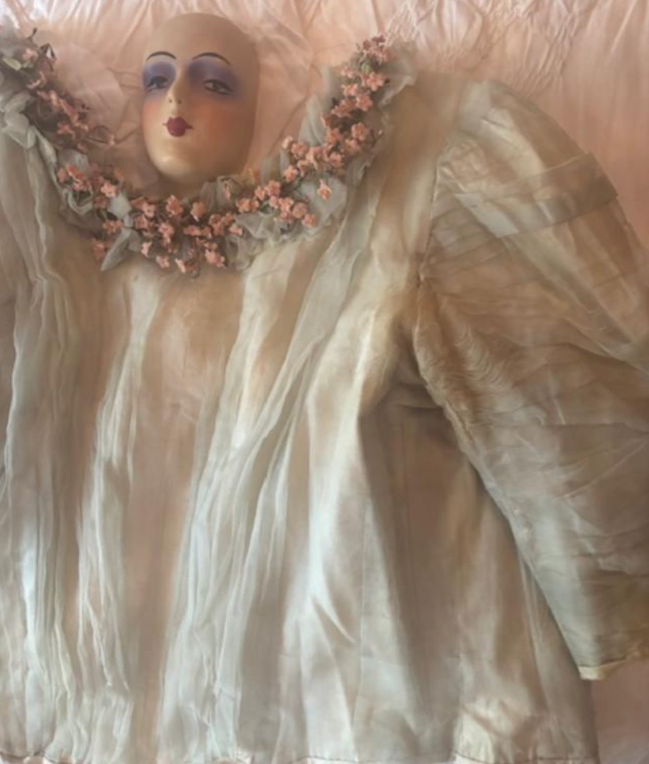 Palest Blue Bodice with original Baby Pink Flowers around the neckline