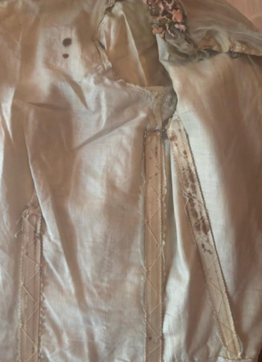 Palest Blue Bodice with original Baby Pink Flowers around the neckline