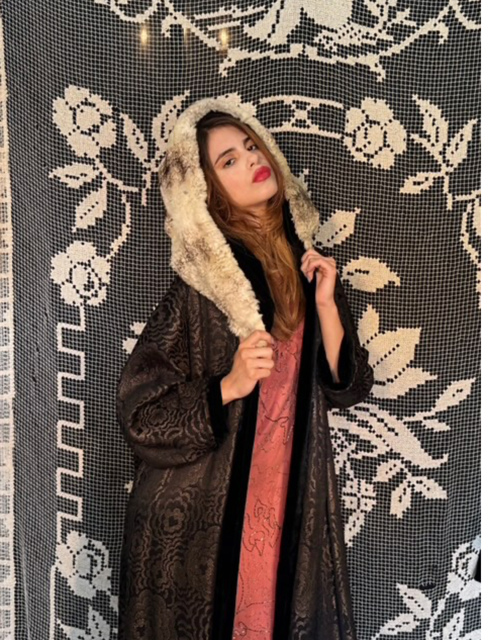 1920's Chinchilla Full Hood & Metallic black and Gold -Lame Flapper Evening Coat