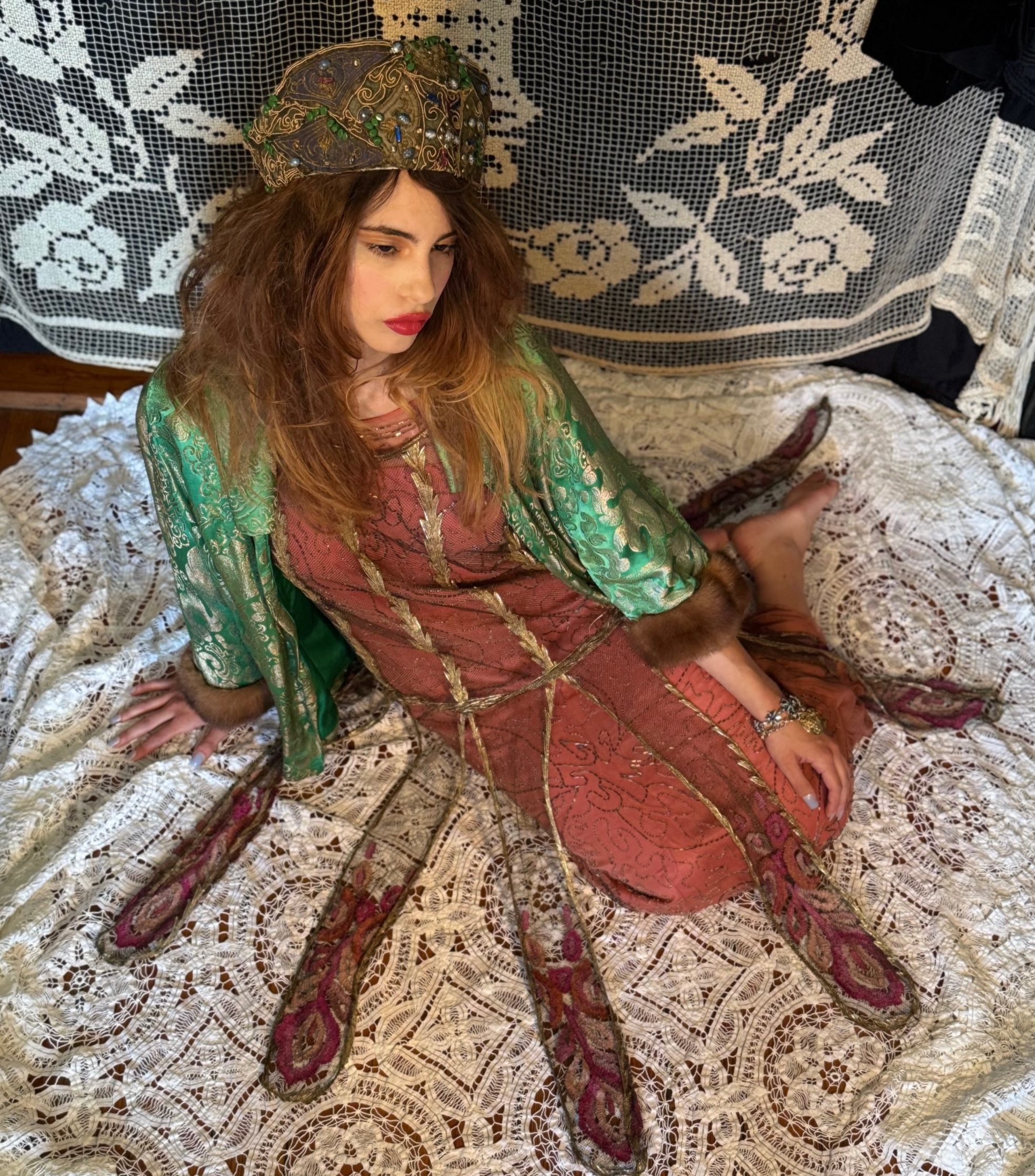 1920's Rare Gatsby Metallic Gold Lace Tunic with Embroidered Flowers and Petal like Bottom
