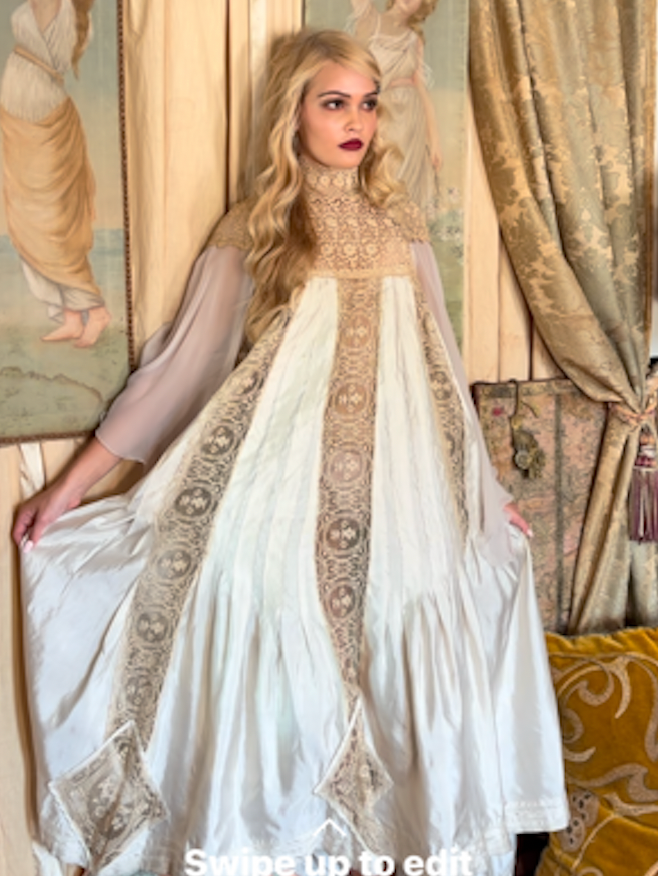 PRE SOLD Ecru Edwardian Boudoir Queen High Low Dress with fabulous lace and silk chiffon sleeves