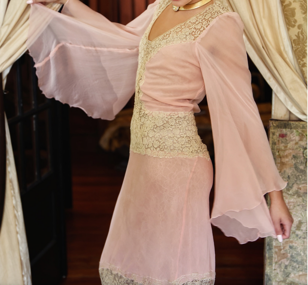 New Arrival Boudoir Queen Pale Pink Chiffon "Anna Nicole" Dress and Lace with Drippy Sleeve