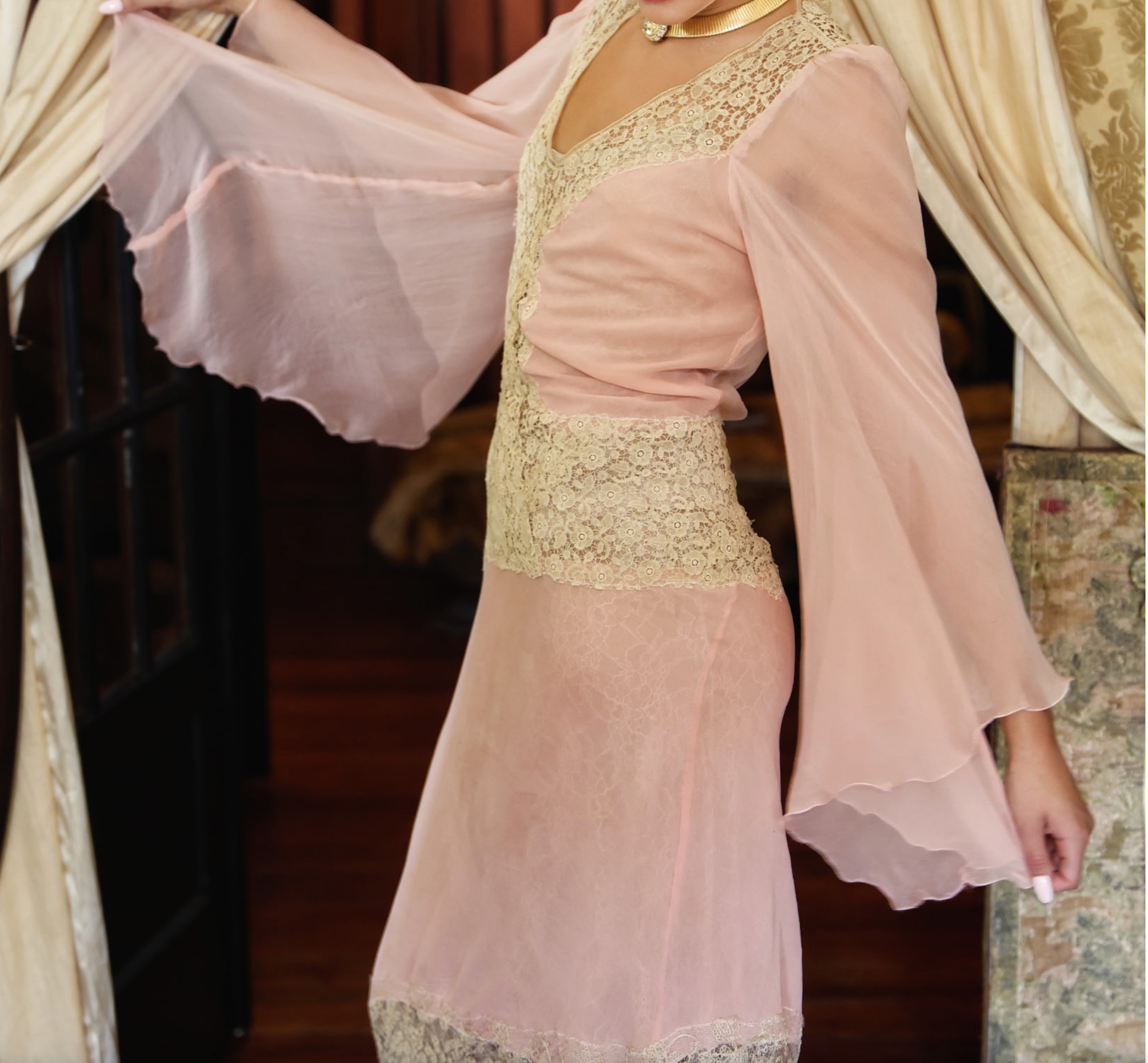 New Arrival Boudoir Queen Pale Pink Chiffon "Anna Nicole" Dress and Lace with Drippy Sleeve