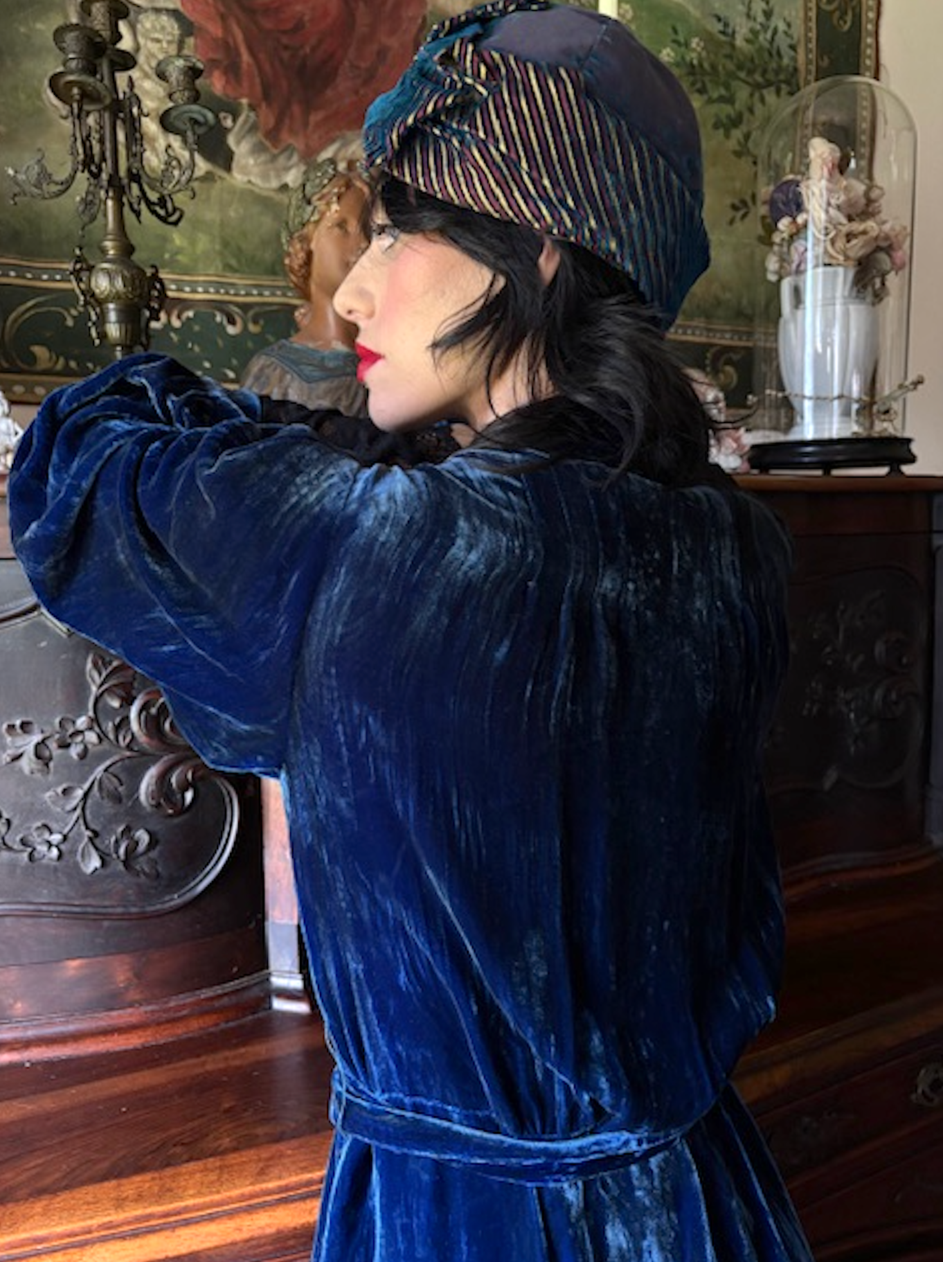 Blue Velvet 1930's Dress with 2 Native American style Metal embellishment Brooch Like pieces