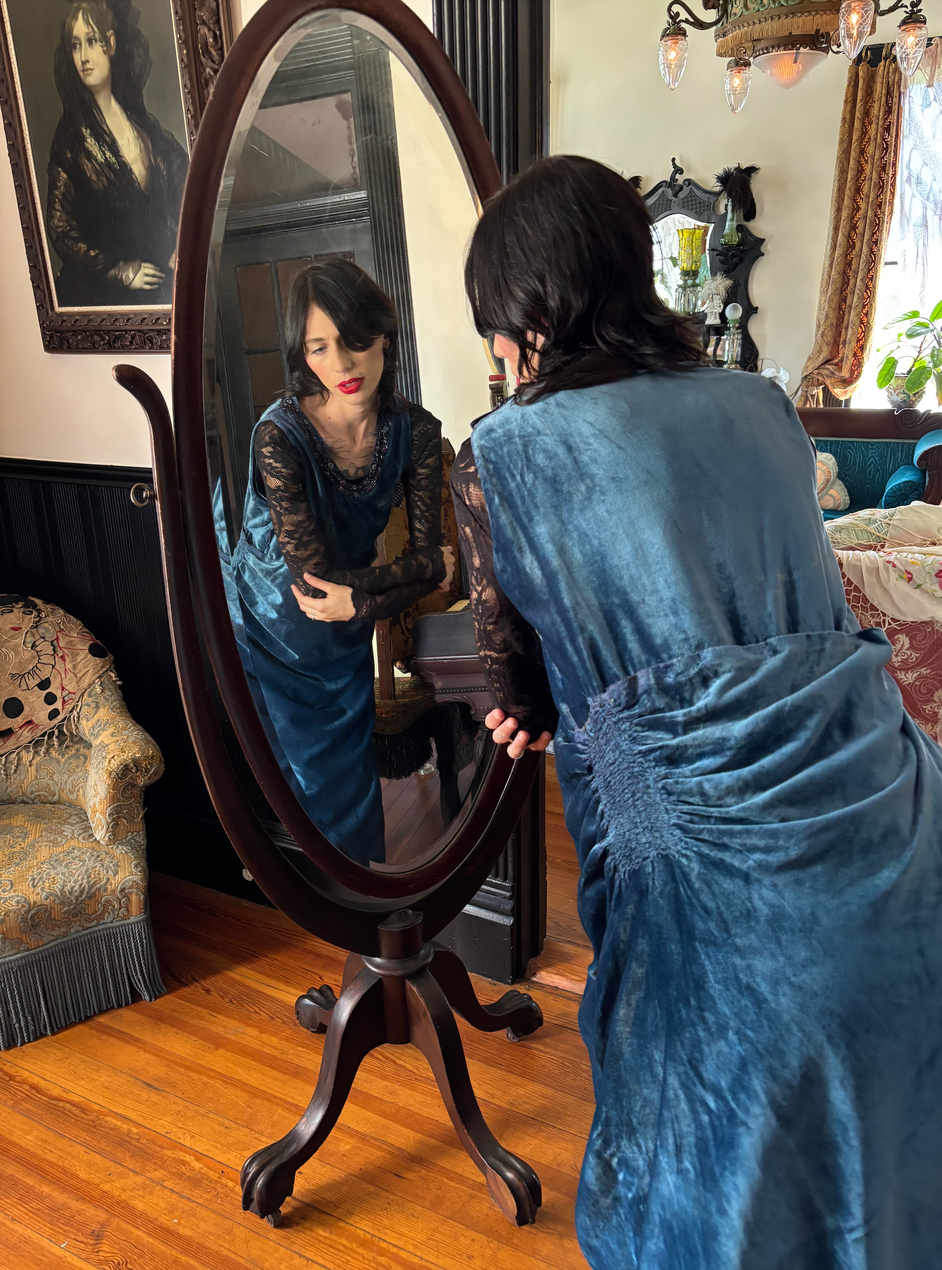Poiret Style Cut-Away Panne Blue Velvet Dress 1910