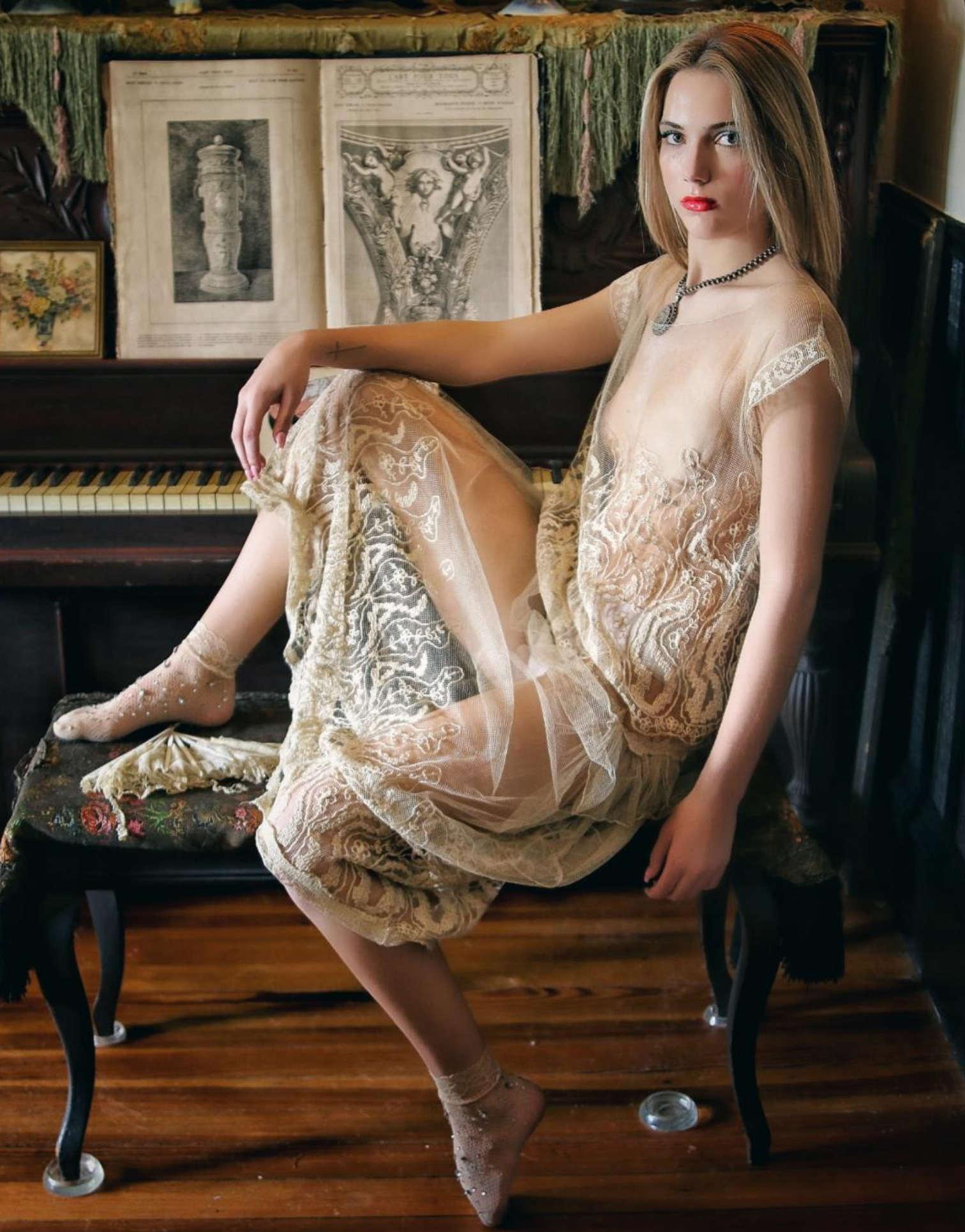 Edwardian Net Tunic Dress Lace Antique w/flowers
