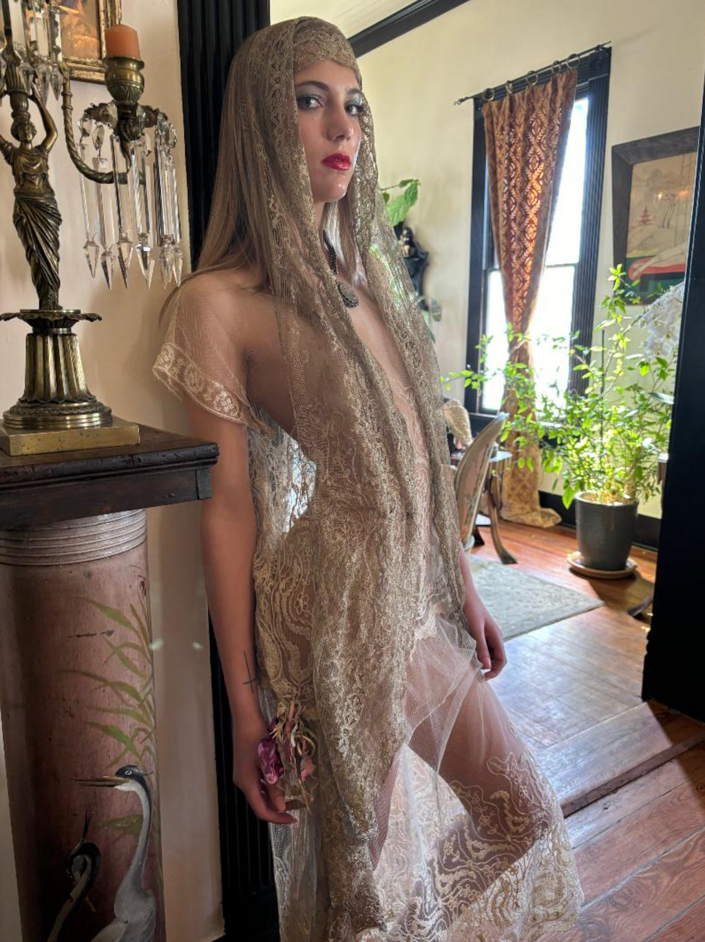 Edwardian Net Tunic Dress Lace Antique w/flowers