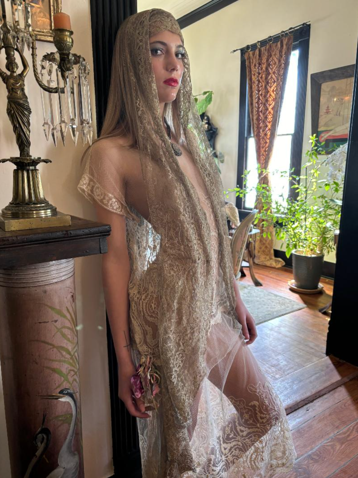 Edwardian Net Tunic Dress Lace Antique w/flowers