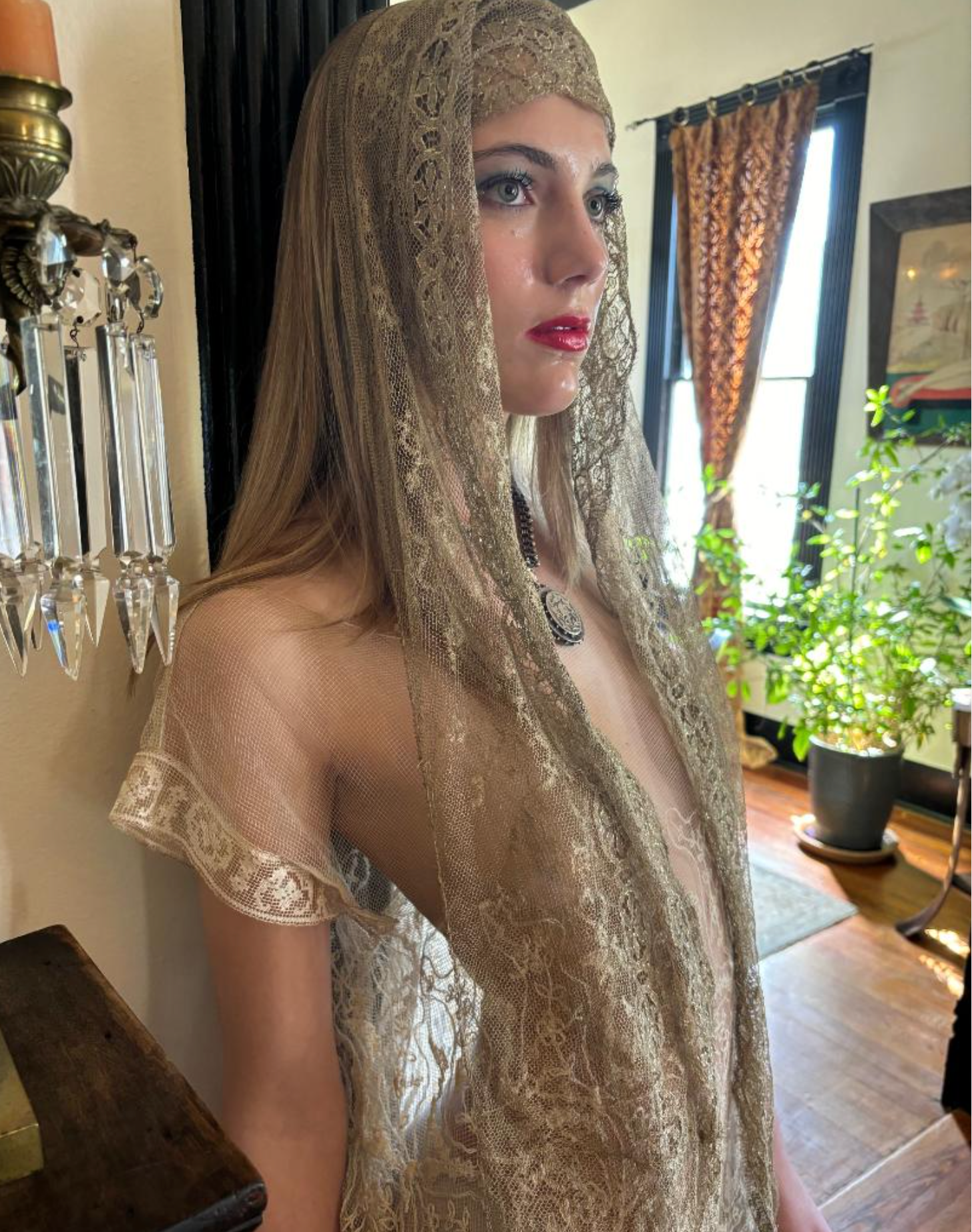 Edwardian Net Tunic Dress Lace Antique w/flowers