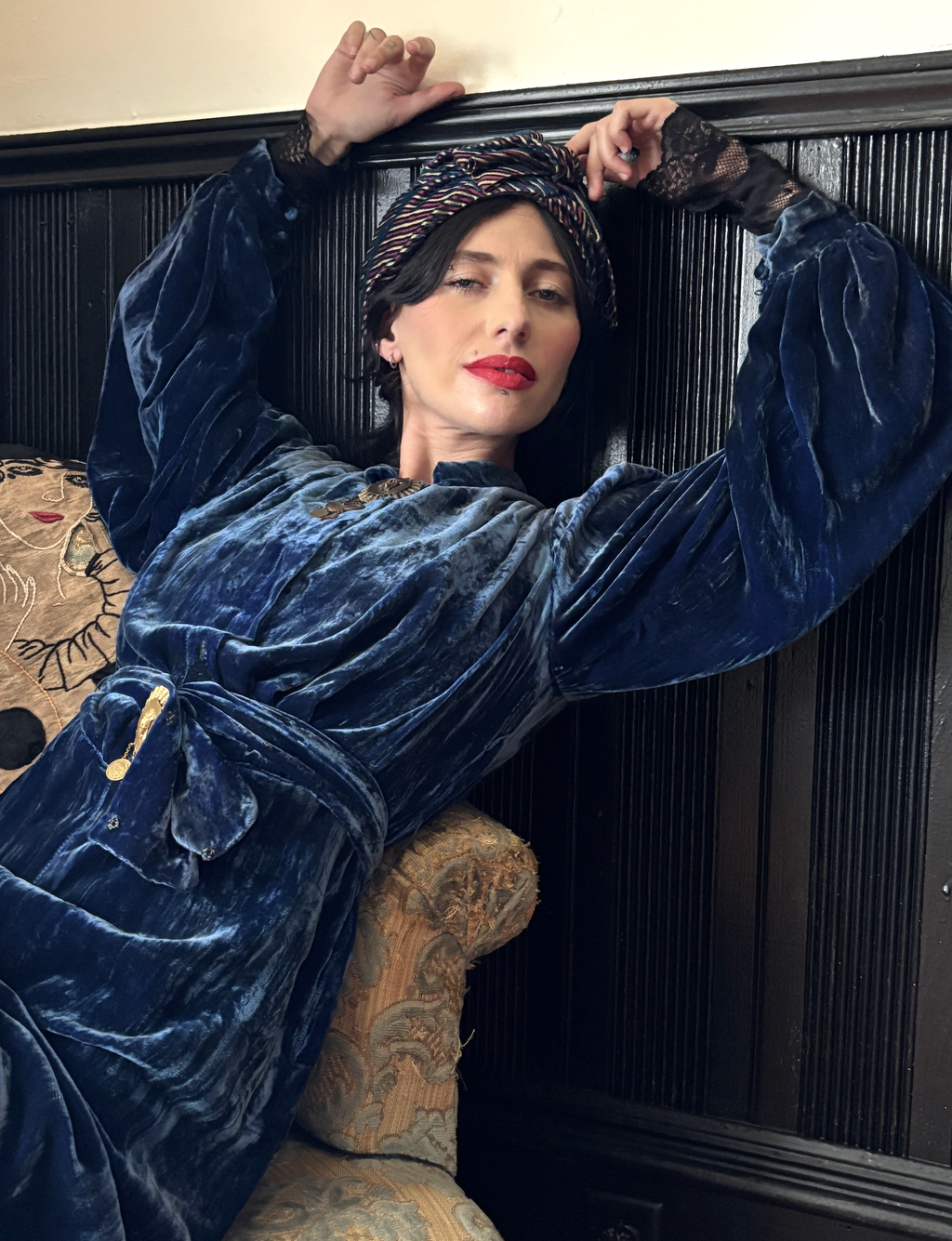 Blue Velvet 1930's Dress with 2 Native American style Metal embellishment Brooch Like pieces