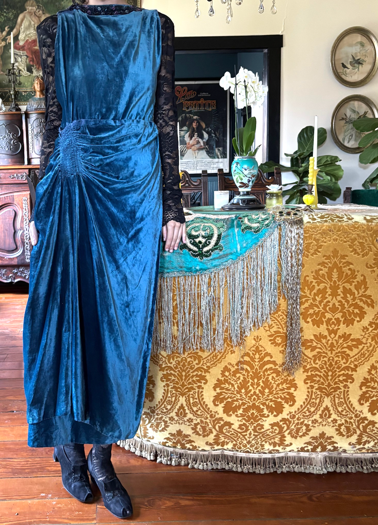 Poiret Style Cut-Away Panne Blue Velvet Dress 1910
