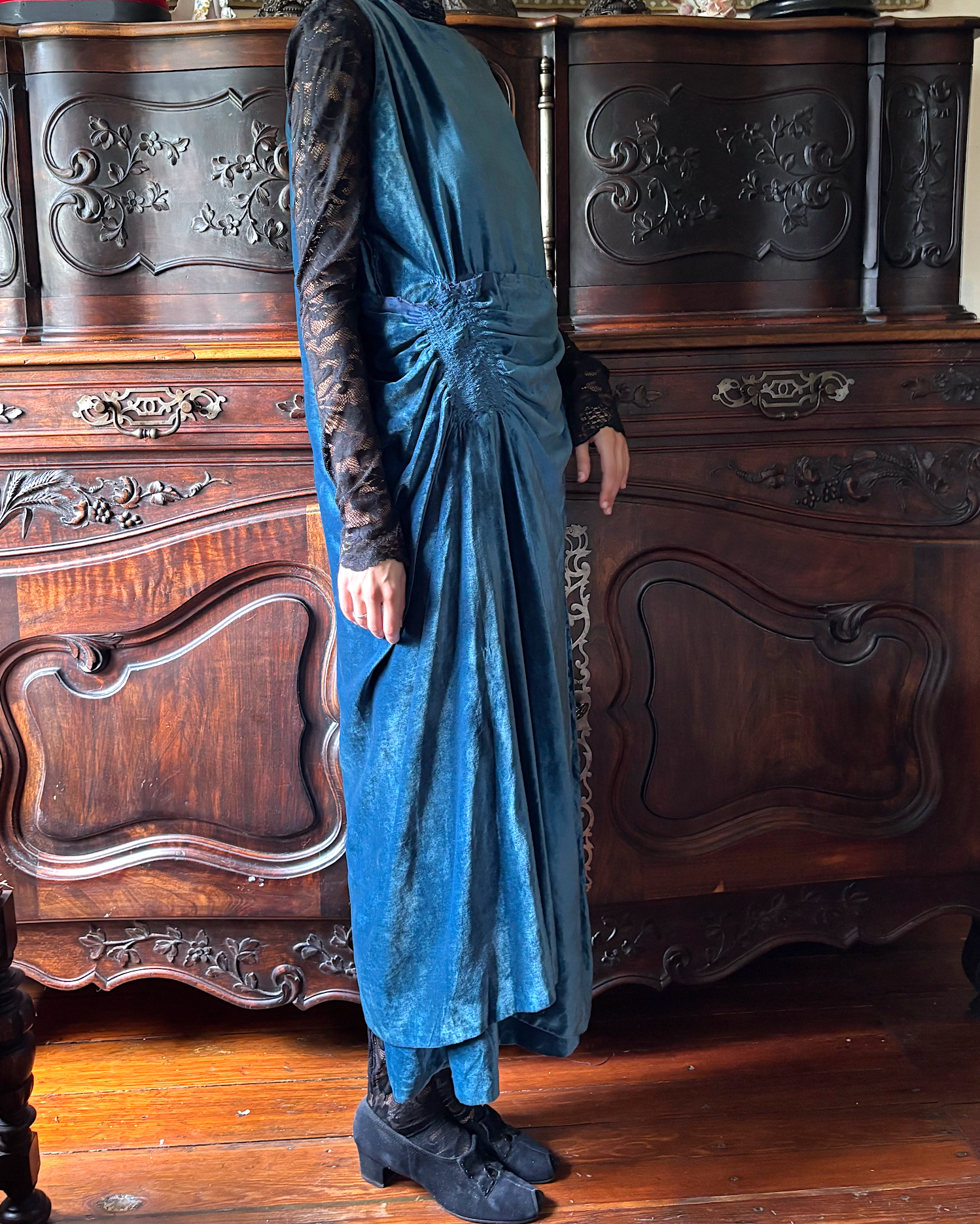 Poiret Style Cut-Away Panne Blue Velvet Dress 1910