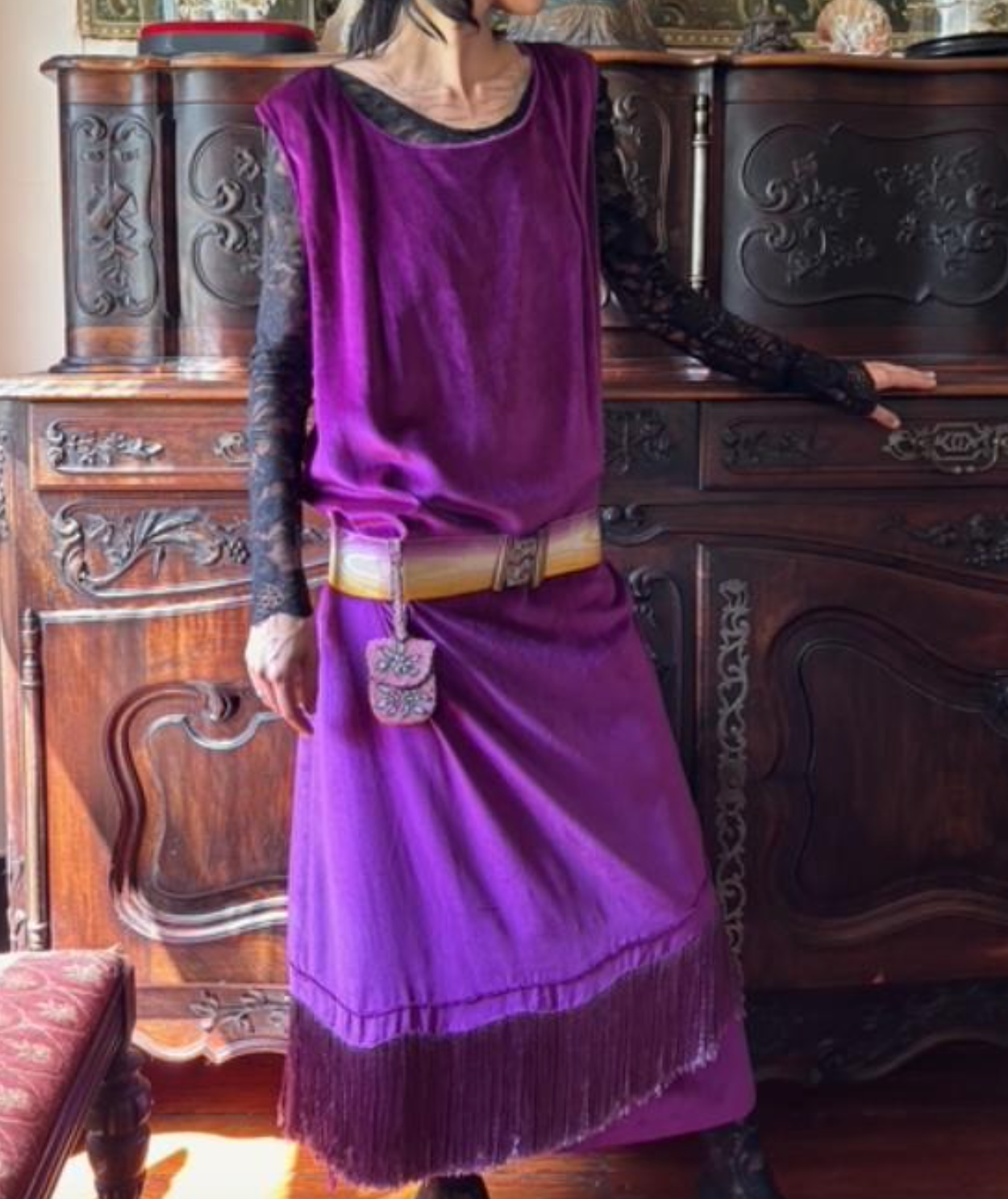 Magenta Panne Velvet Late Edwardian 1920's Ombre Fringe Dress Wonderful!