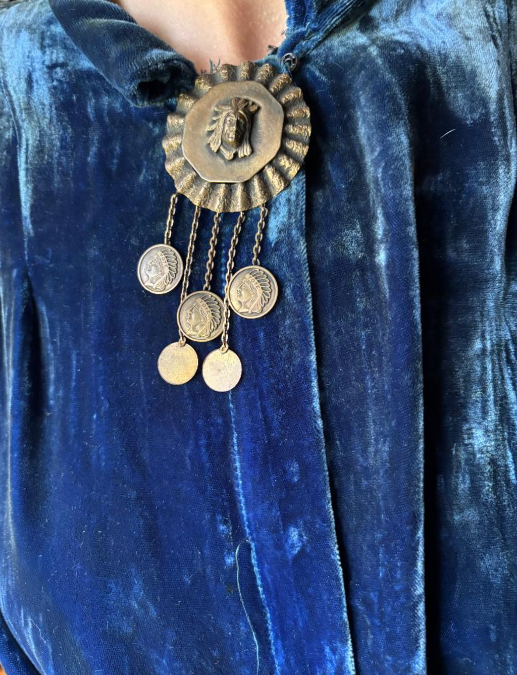 Blue Velvet 1930's Dress with 2 Native American style Metal embellishment Brooch Like pieces