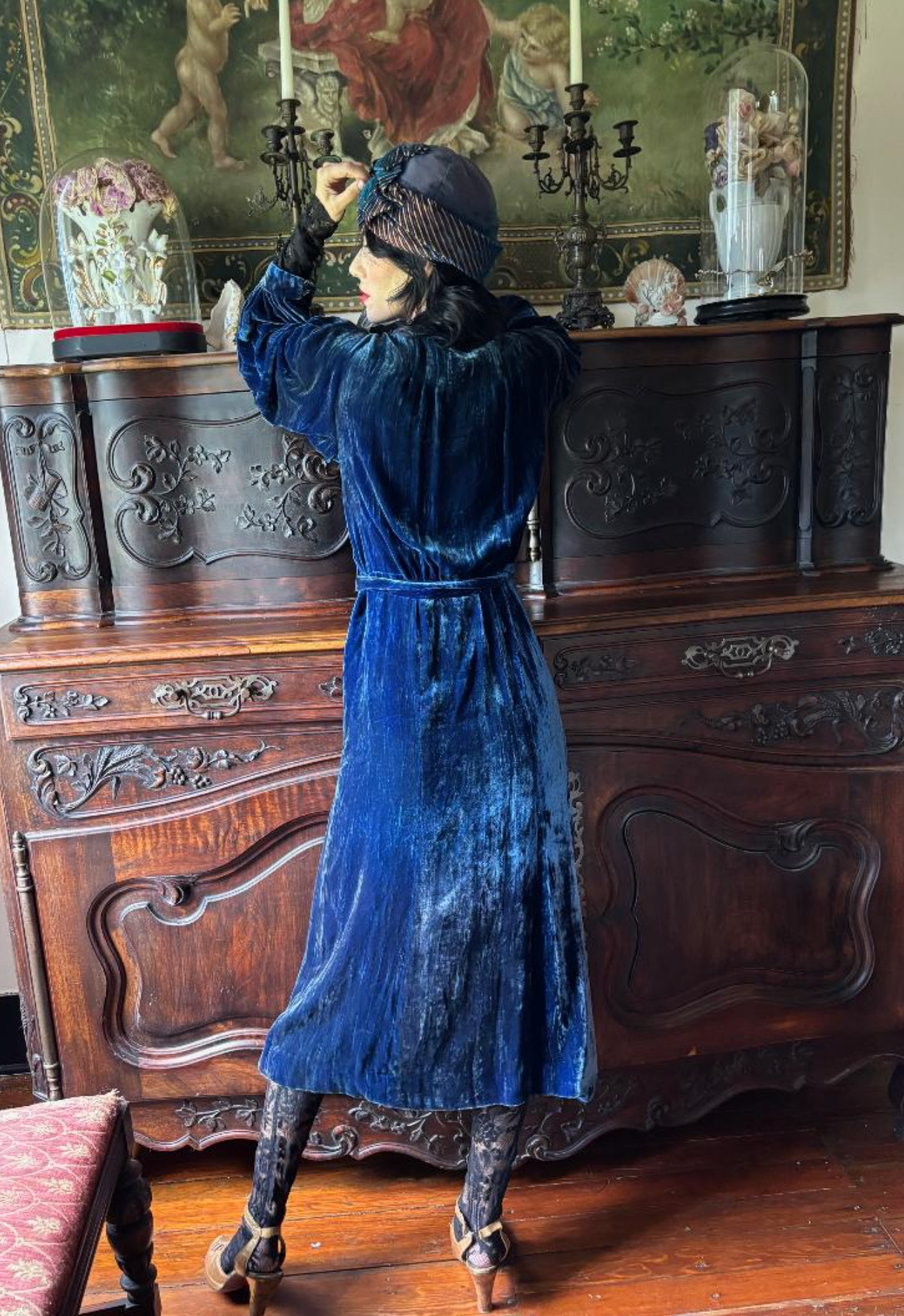 Blue Velvet 1930's Dress with 2 Native American style Metal embellishment Brooch Like pieces