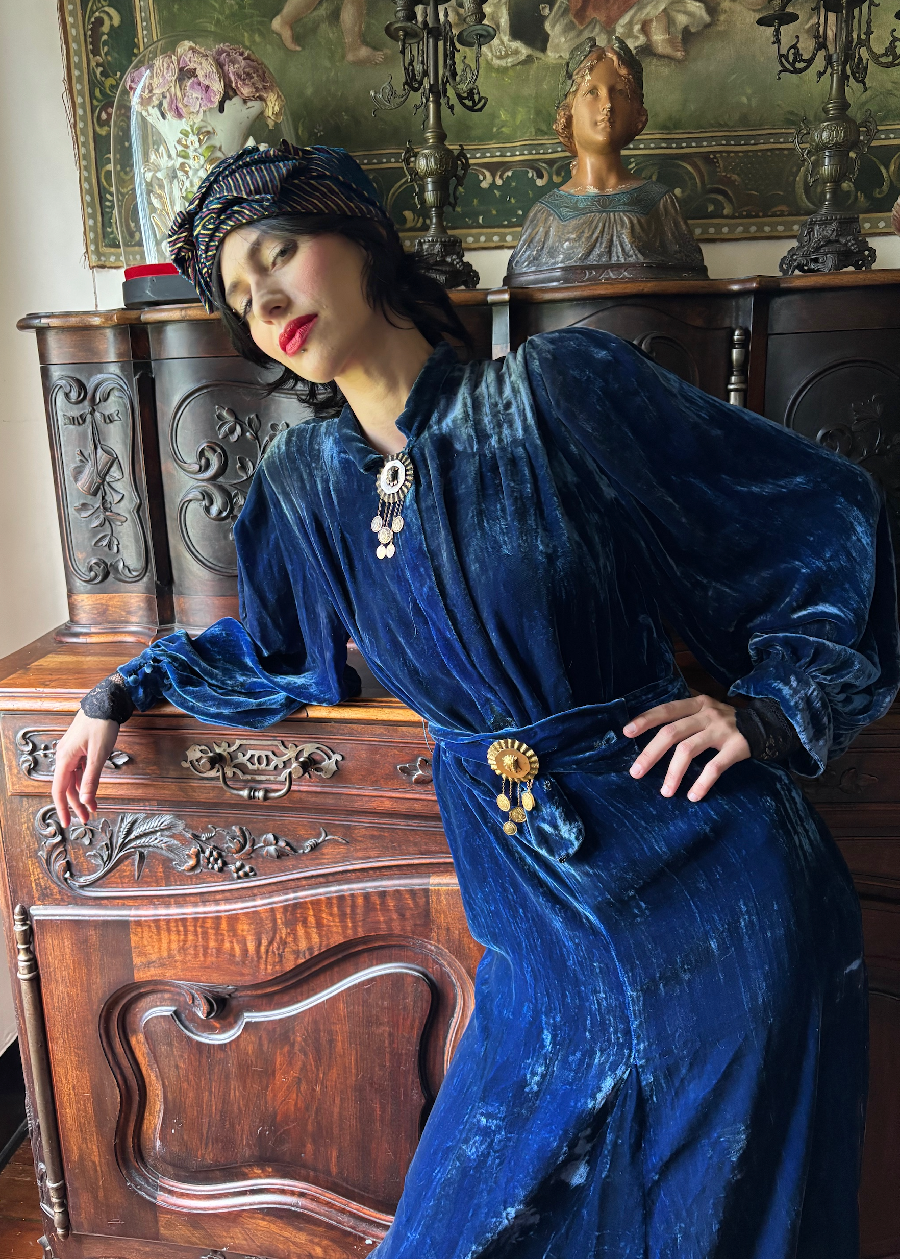 Blue Velvet 1930's Dress with 2 Native American style Metal embellishment Brooch Like pieces