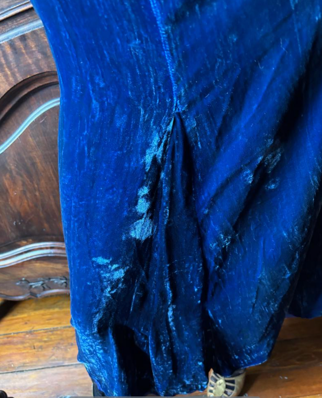 Blue Velvet 1930's Dress with 2 Native American style Metal embellishment Brooch Like pieces