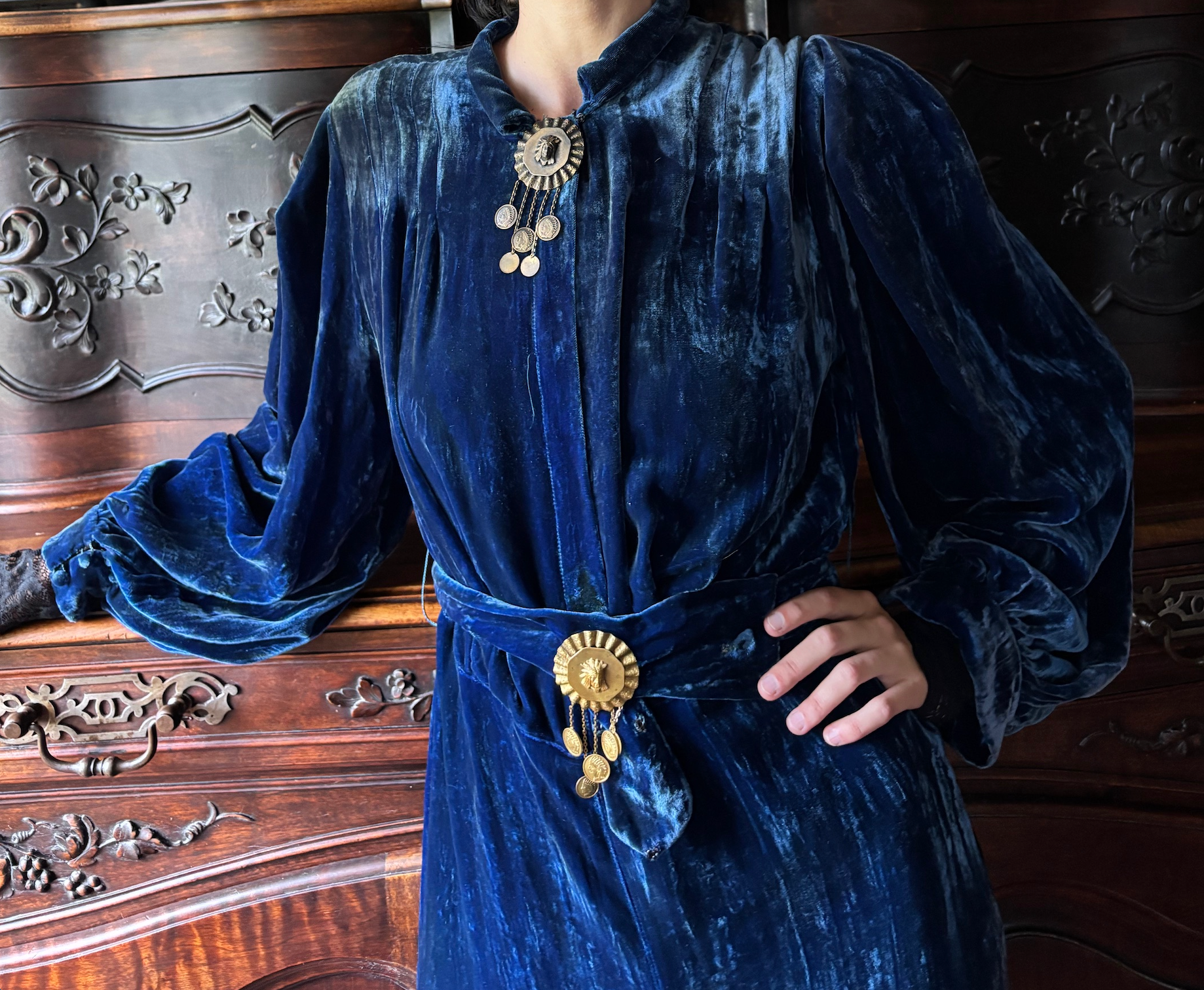Blue Velvet 1930's Dress with 2 Native American style Metal embellishment Brooch Like pieces