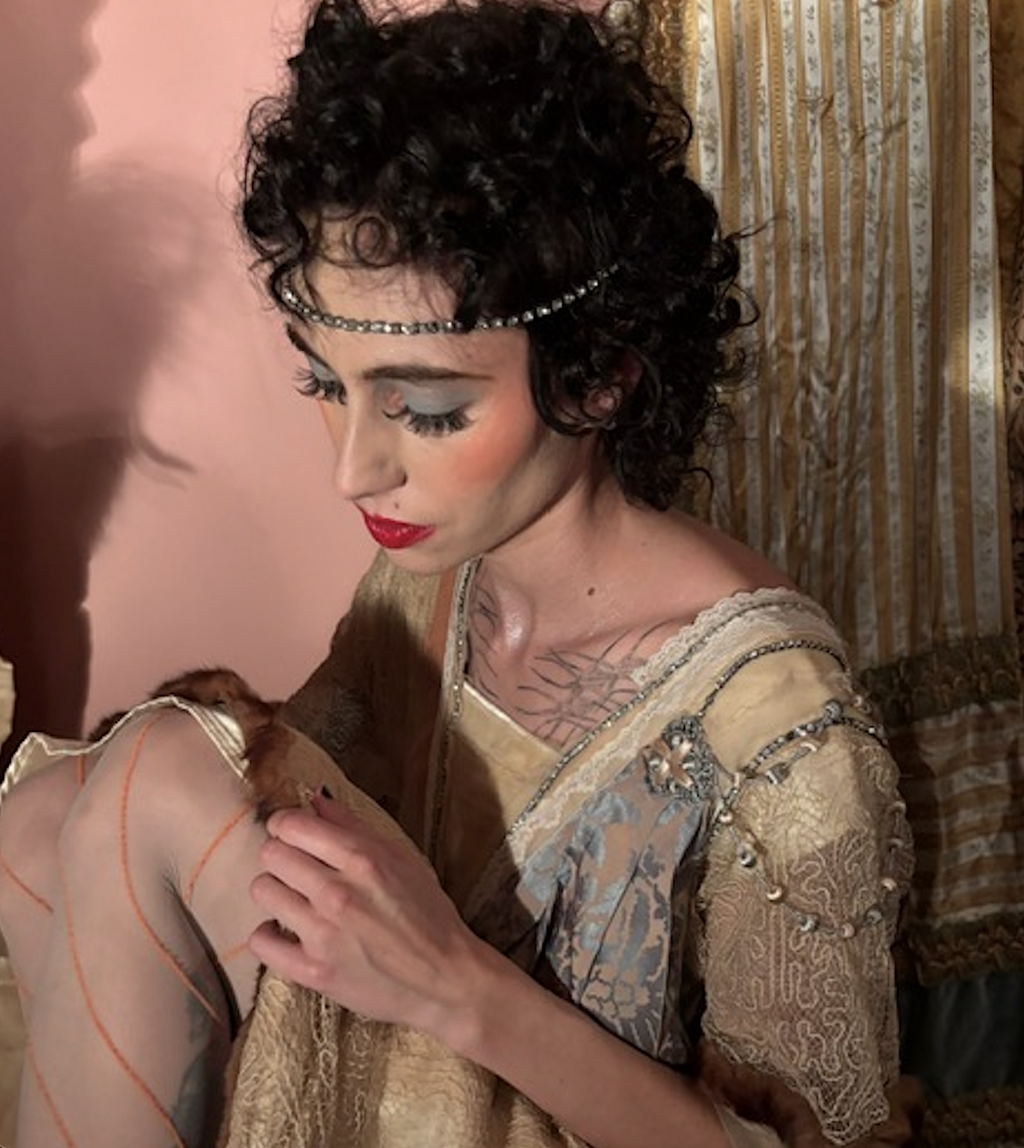 2 day Listing Edwardian Titanic Era Style Blue Silk Damask Fur Trim Tassel Bead Ball Gown VTG