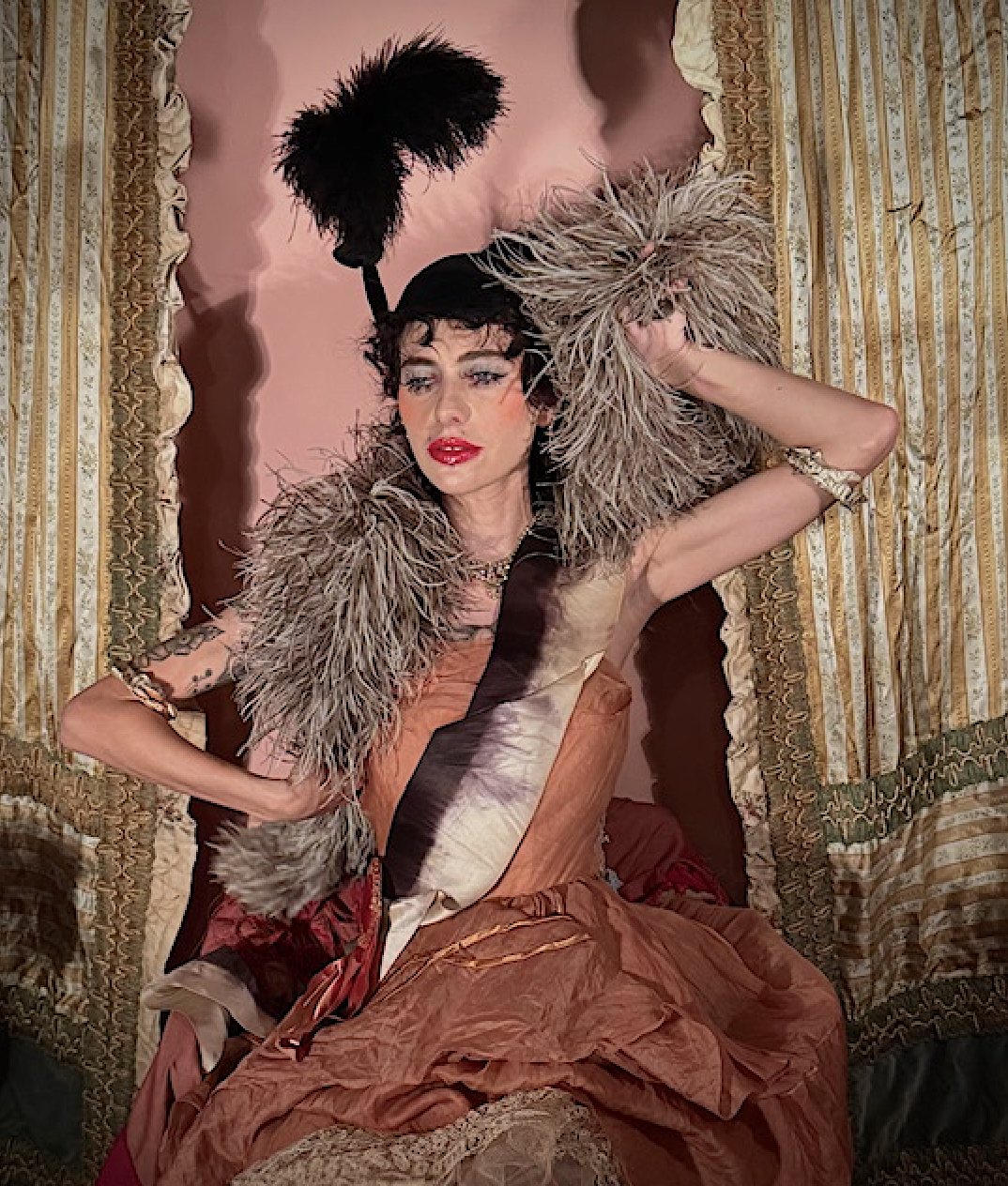 Authentic Ostrich Feather Taupe speckled white quite large very fluffy Edwardian