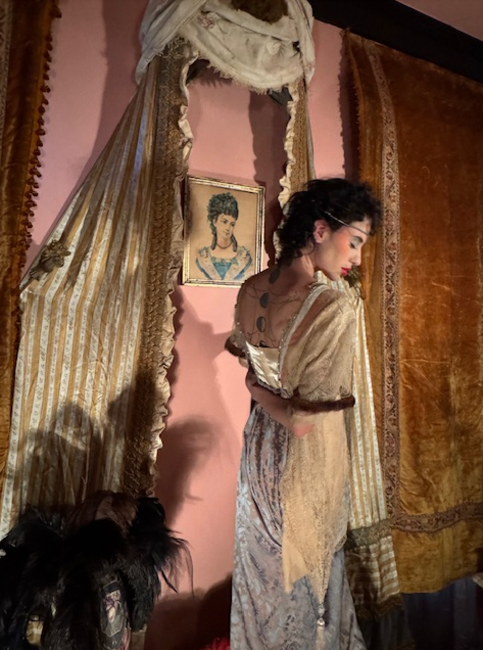 2 day Listing Edwardian Titanic Era Style Blue Silk Damask Fur Trim Tassel Bead Ball Gown VTG