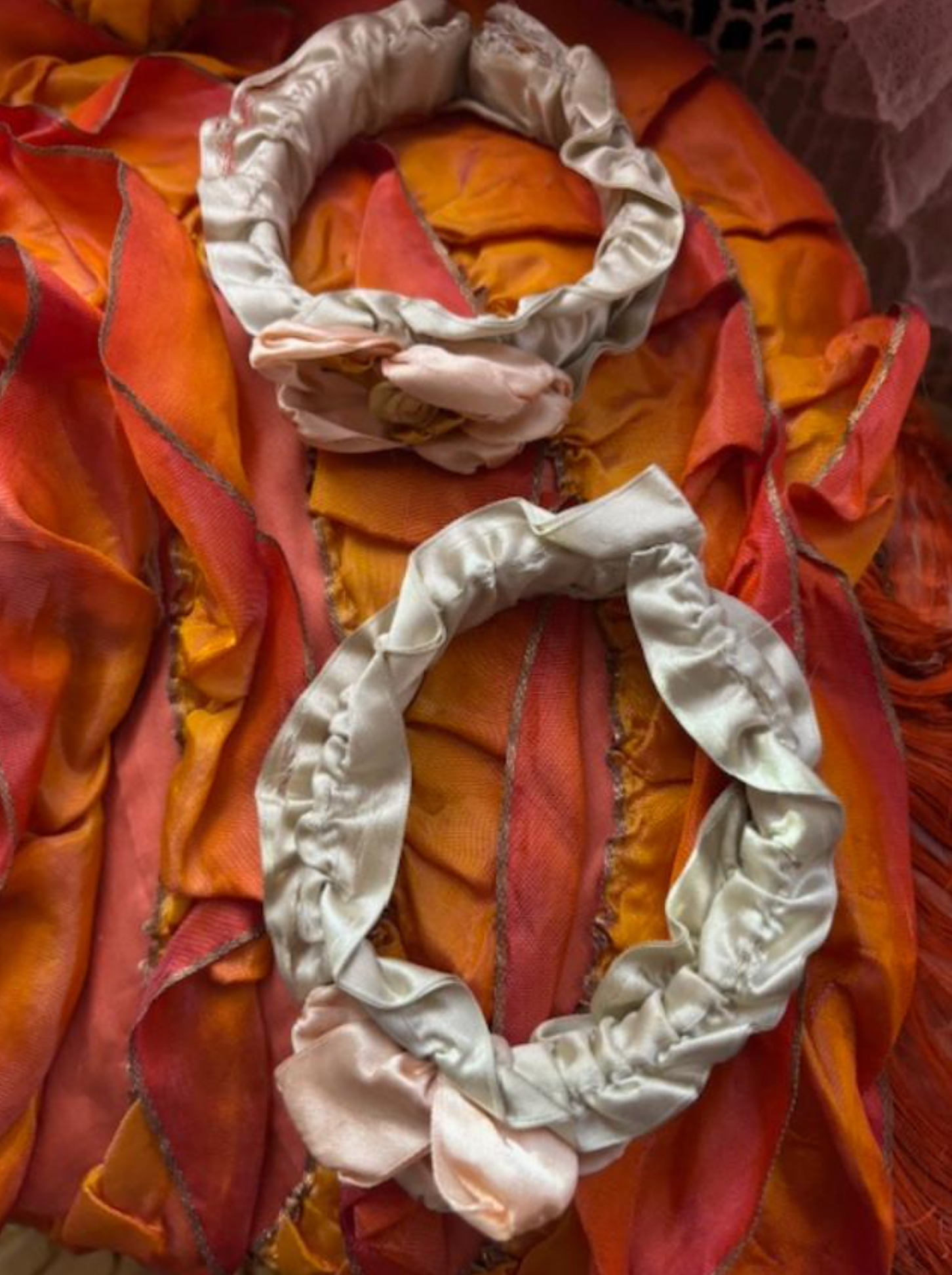 Pair Hard to Find Silk Ribbonwork Authentic 20's bangle from estate chest as found