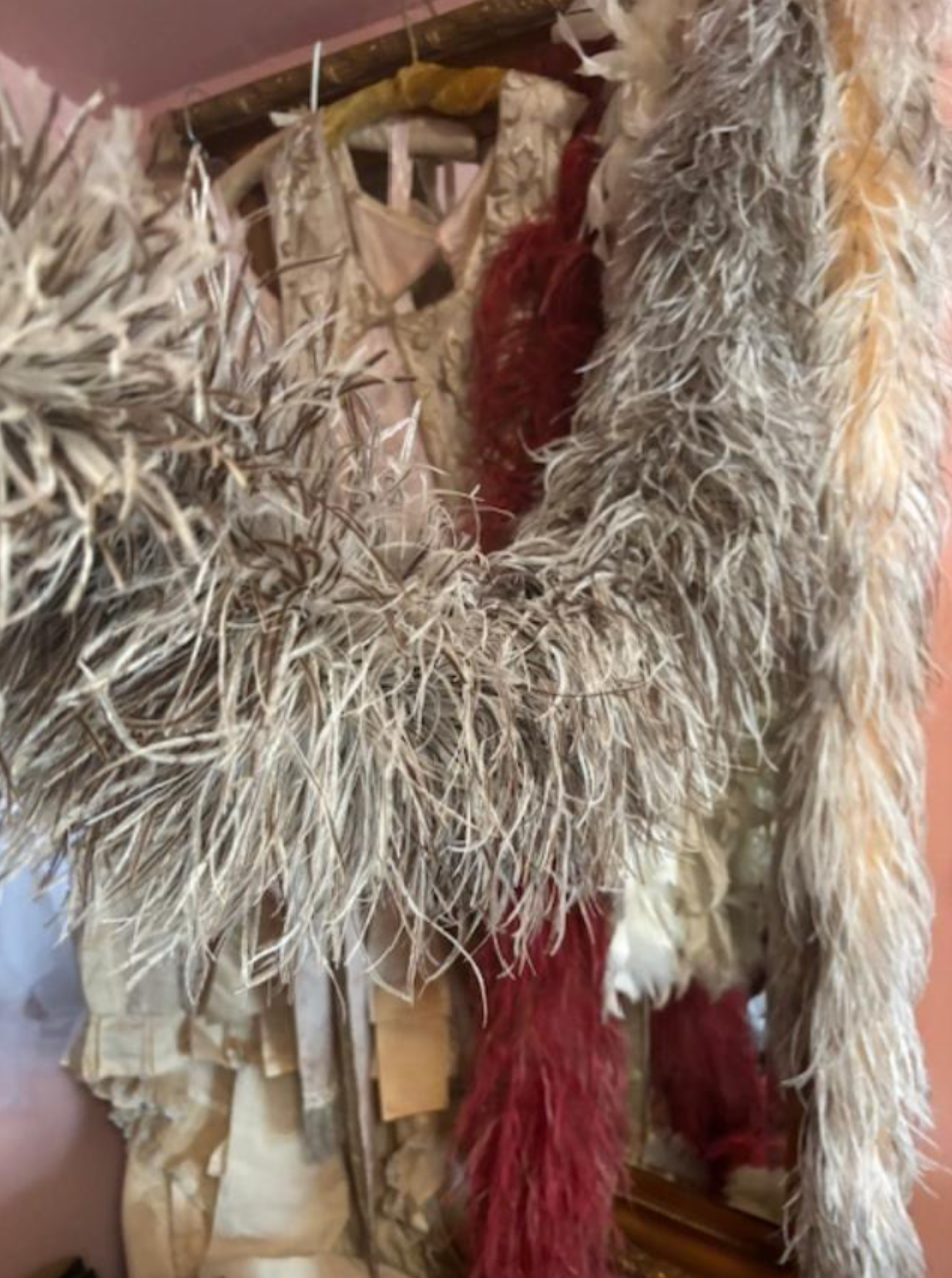 Authentic Ostrich Feather Taupe speckled white quite large very fluffy Edwardian