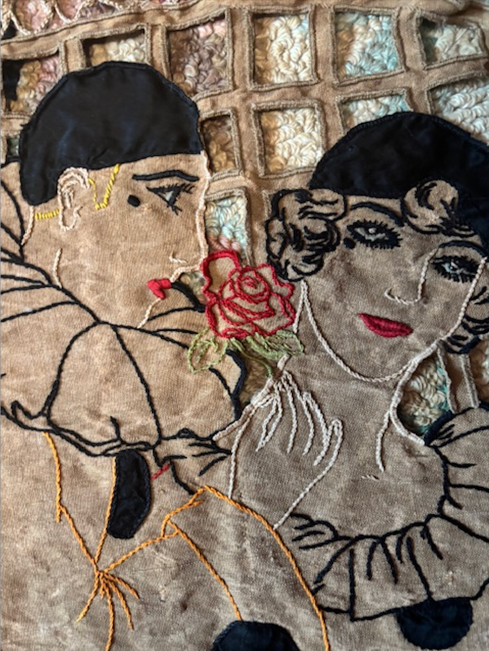 Antique 1920s or 1930s cushion top embroidered linen Pierrot and Colombine unusual